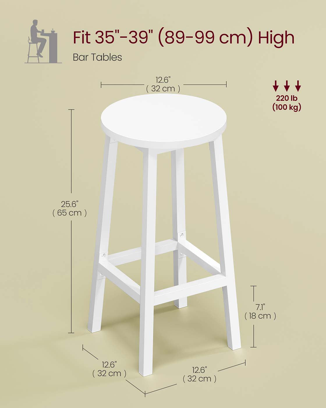 Set of 2 Kitchen Stools - Metal Frame - Cloud White - Easy to Assemble