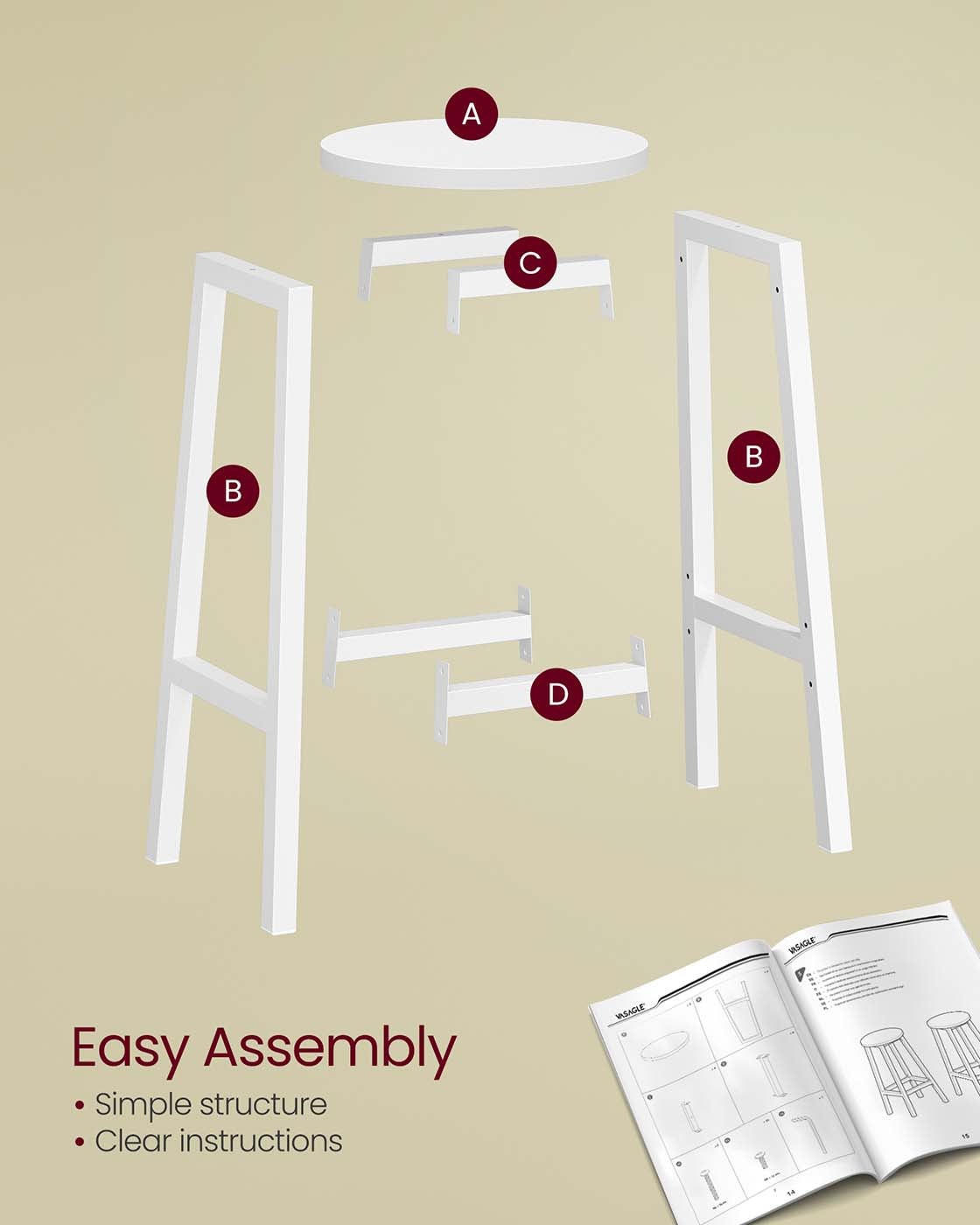 Set of 2 Kitchen Stools - Metal Frame - Cloud White - Easy to Assemble