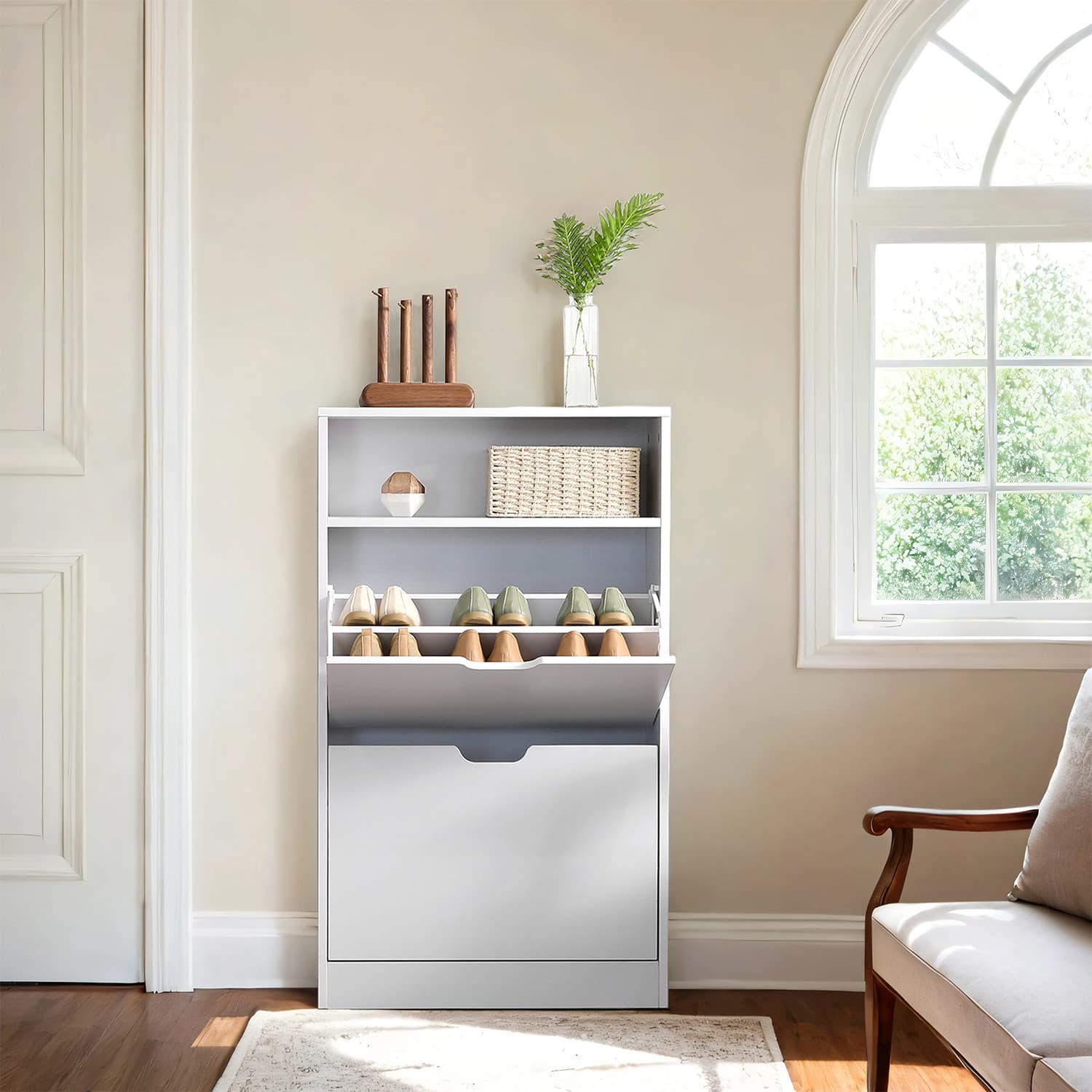 Shoe Storage Cabinet - Melamine Veneer - Rustic Brown - Adjustable Divider for 8-12 Pairs of Shoes
