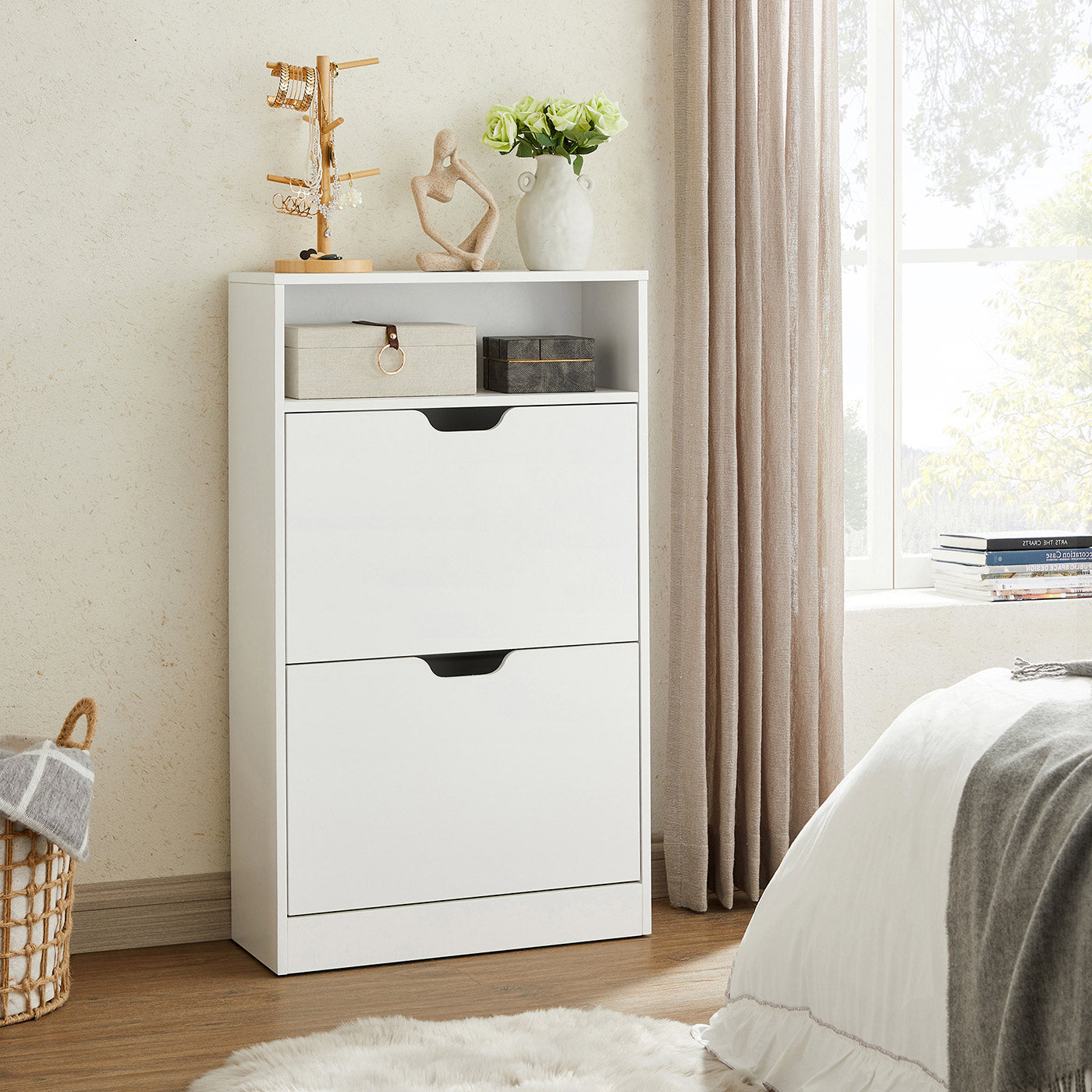 Shoe Cabinet - Melamine Veneer - Rustic Brown - Two Flaps with Open Shelf