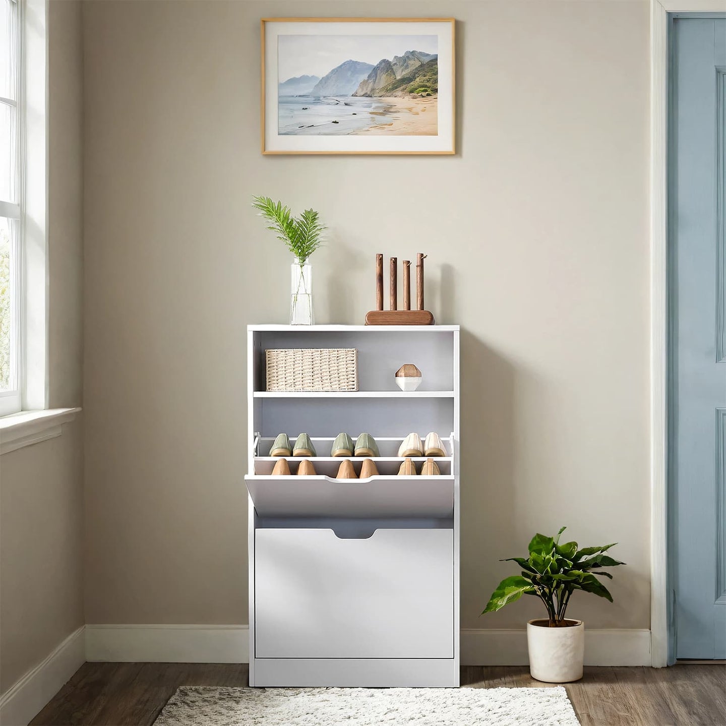 Shoe Storage Cabinet - Melamine Veneer - Rustic Brown - Adjustable Divider for 8-12 Pairs of Shoes