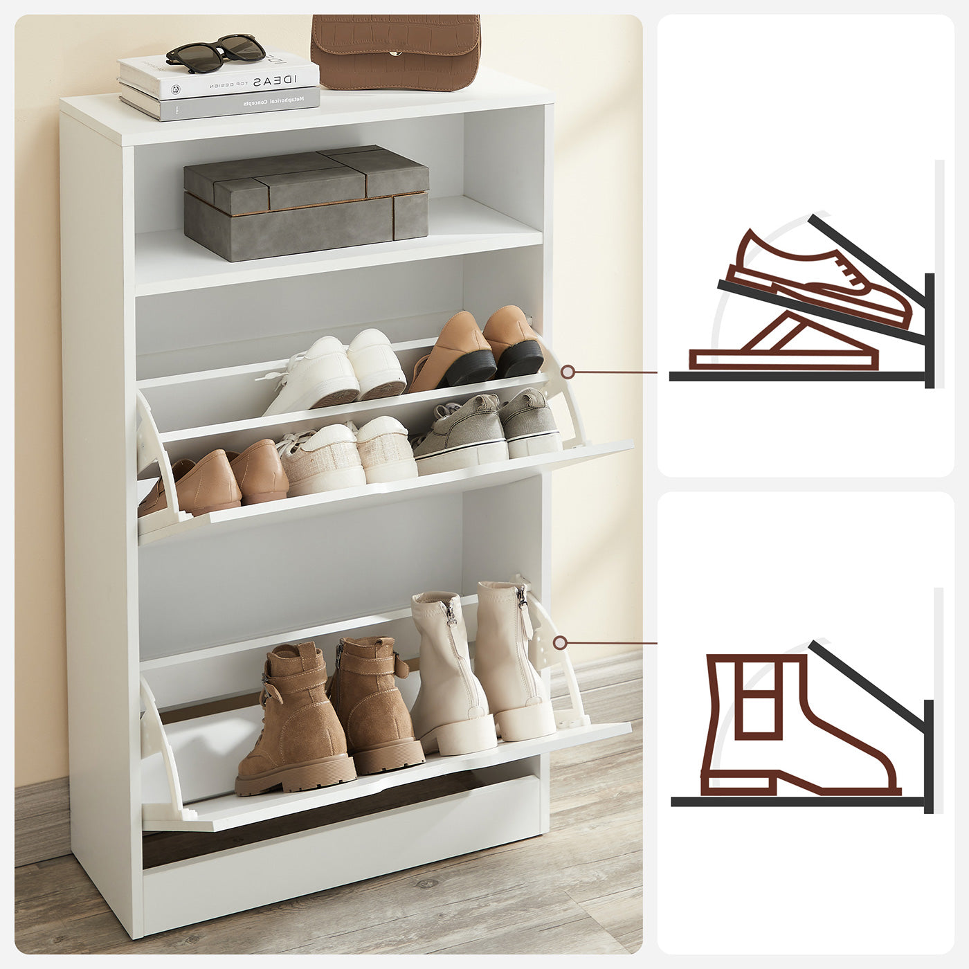 Shoe Cabinet - Melamine Veneer - Rustic Brown - Two Flaps with Open Shelf