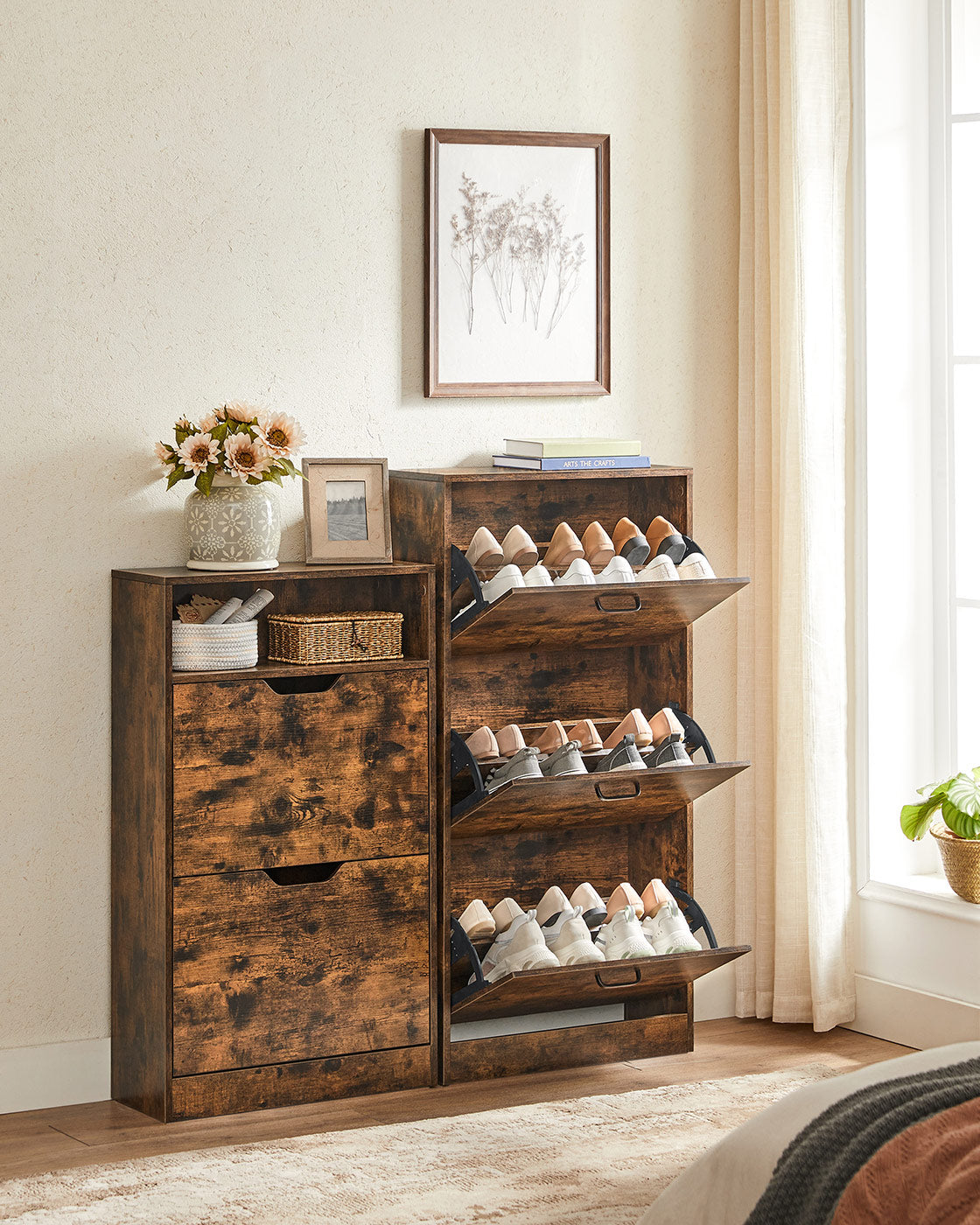 Shoe Cabinet - Melamine Veneer - Rustic Brown - Two Flaps with Open Shelf