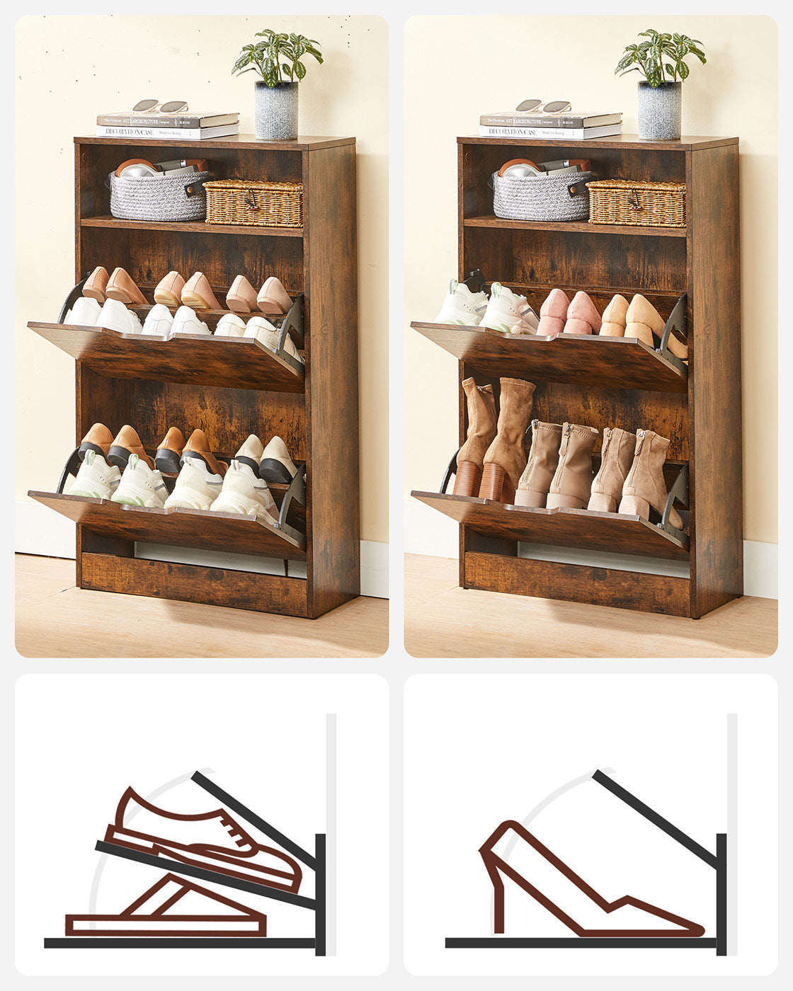 Shoe Cabinet - Melamine Veneer - Rustic Brown - Two Flaps with Open Shelf