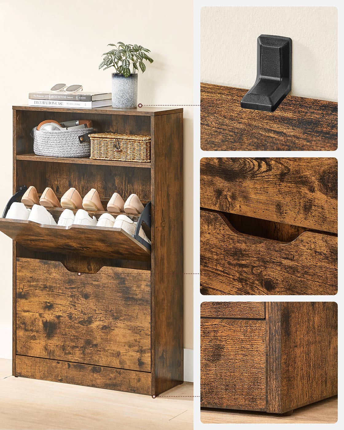 Shoe Cabinet - Melamine Veneer - Rustic Brown - Two Flaps with Open Shelf