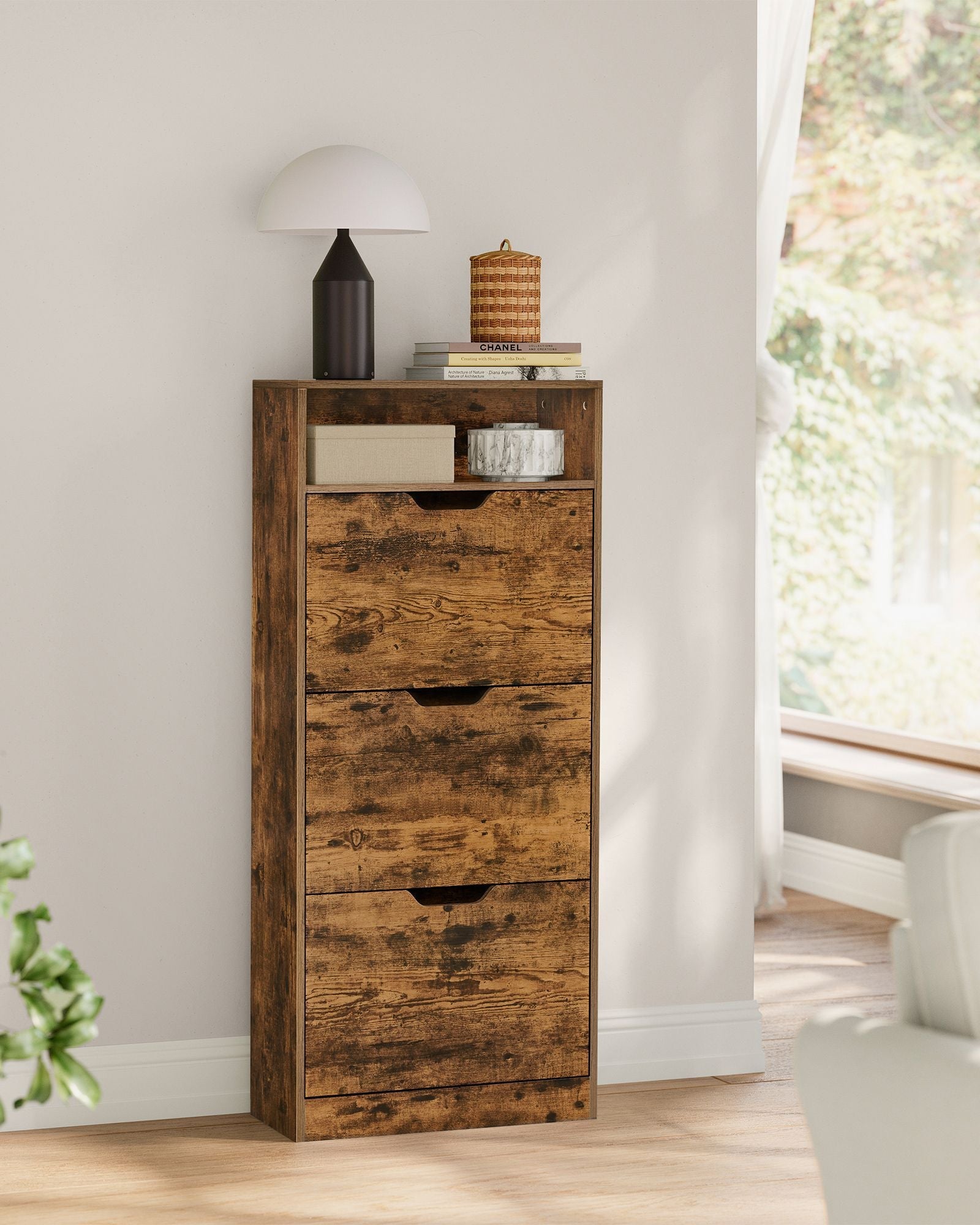 4-Tier Shoe Cabinet - Wood - Rustic Brown - Adjustable and Removable Divider