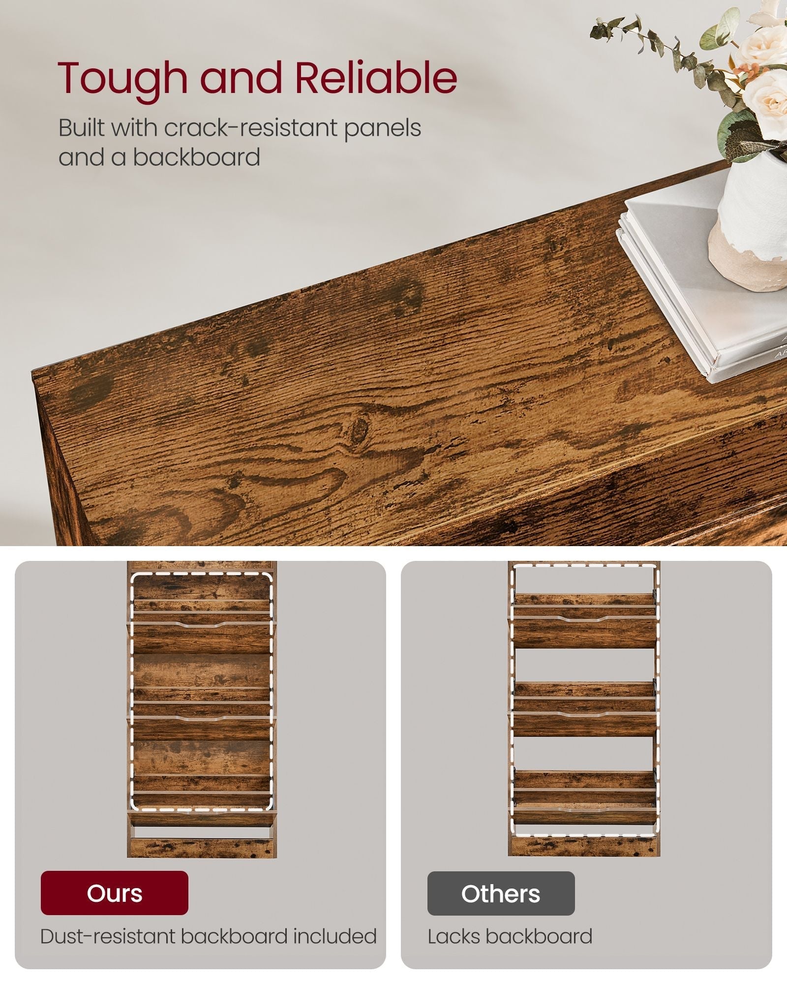 4-Tier Shoe Cabinet - Wood - Rustic Brown - Adjustable and Removable Divider
