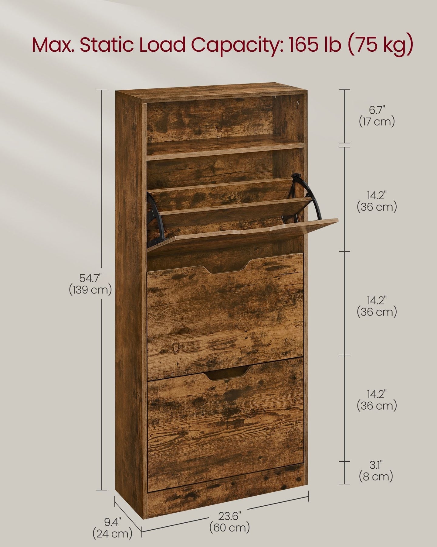 4-Tier Shoe Cabinet - Wood - Rustic Brown - Adjustable and Removable Divider