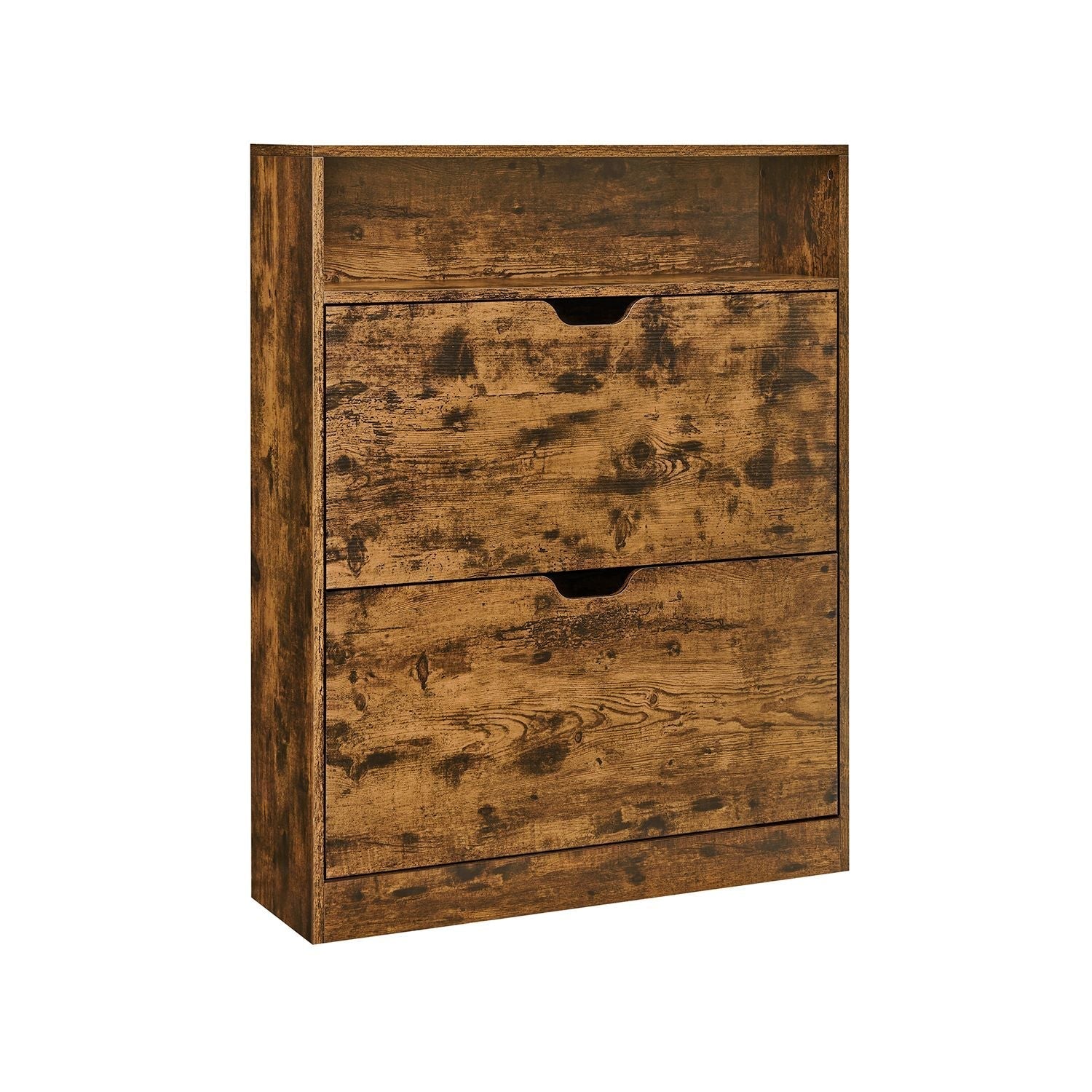 Shoe Cabinet - Melamine Veneer - Rustic Brown - 3-Tier with Open Shelf and Flaps