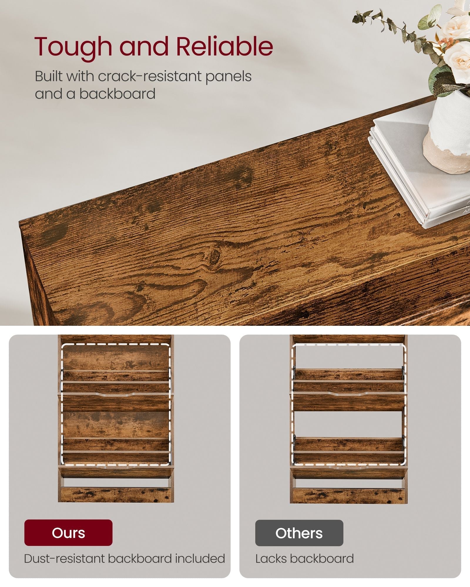 Shoe Cabinet - Melamine Veneer - Rustic Brown - 3-Tier with Open Shelf and Flaps