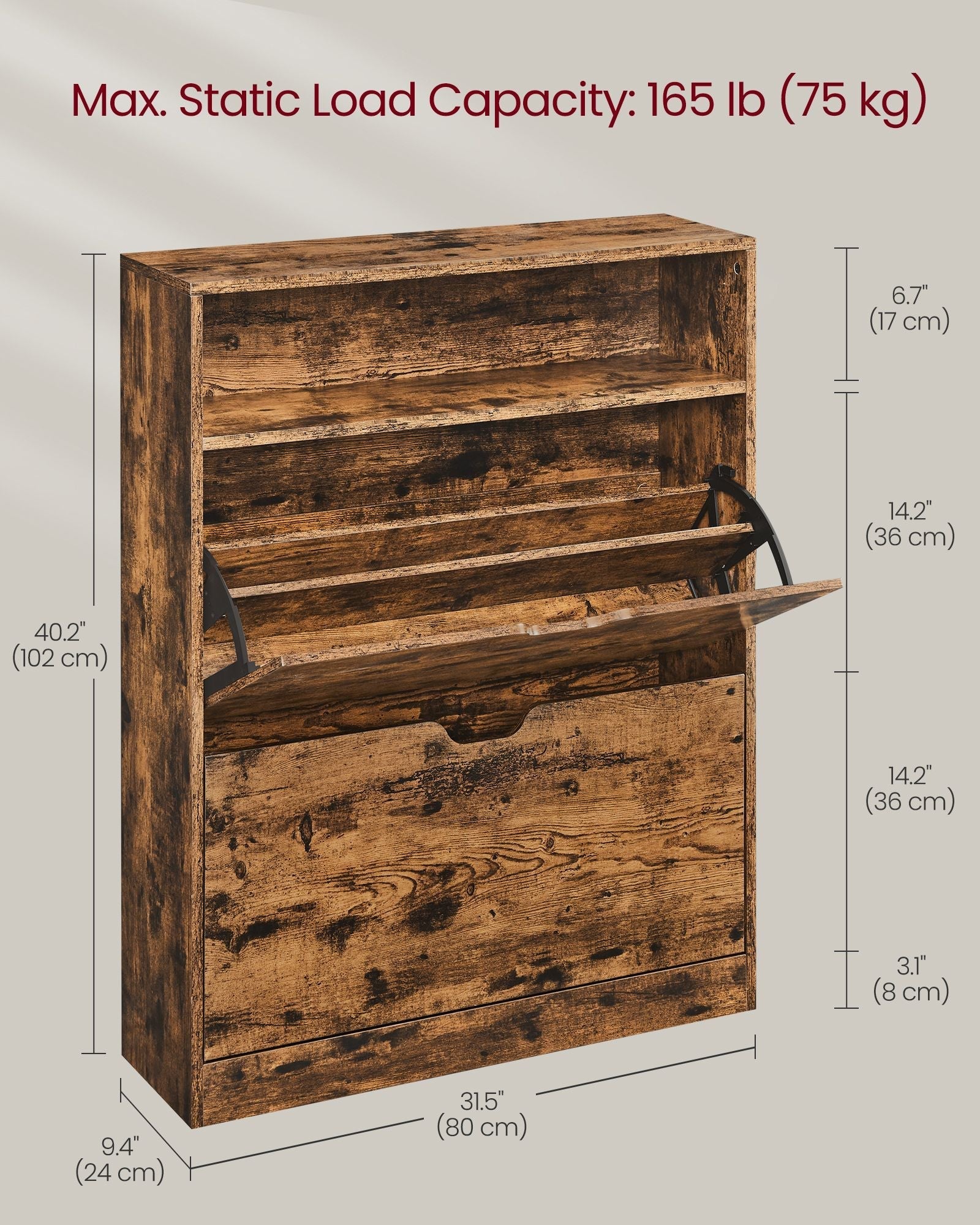 Shoe Cabinet - Melamine Veneer - Rustic Brown - 3-Tier with Open Shelf and Flaps