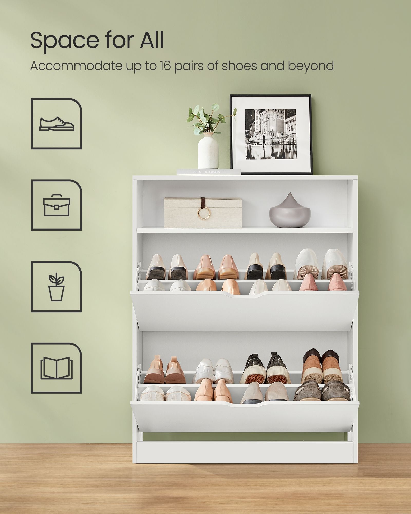 3-Tier Shoe Cabinet - Melamine Veneer - Cloud White - Easy to Clean with Open Shelf