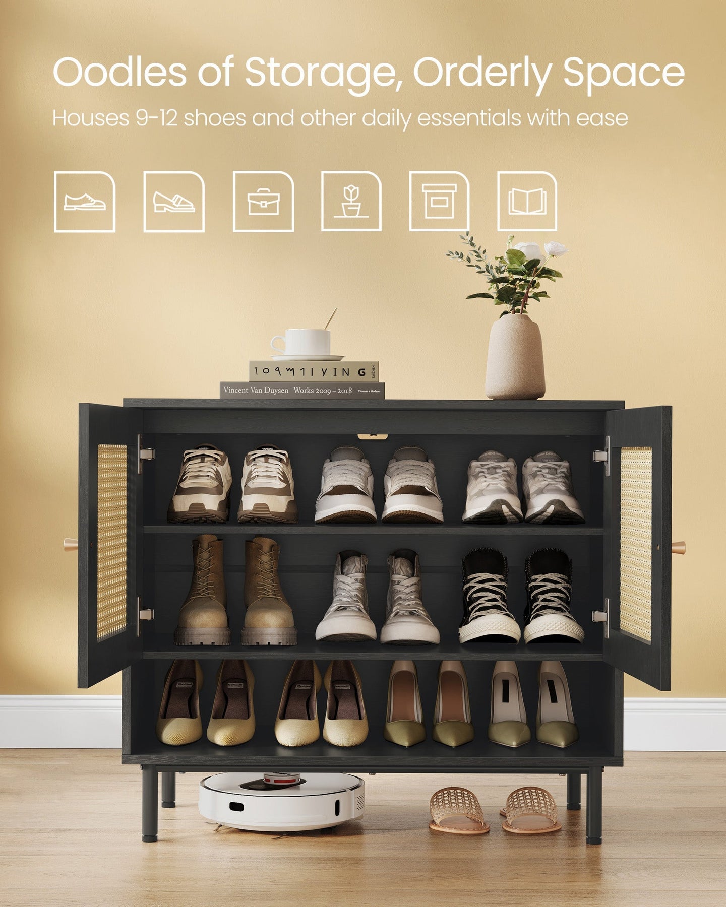 3-Tier Shoe Storage Organizer - Wood - Ash Black - Boho Style Design