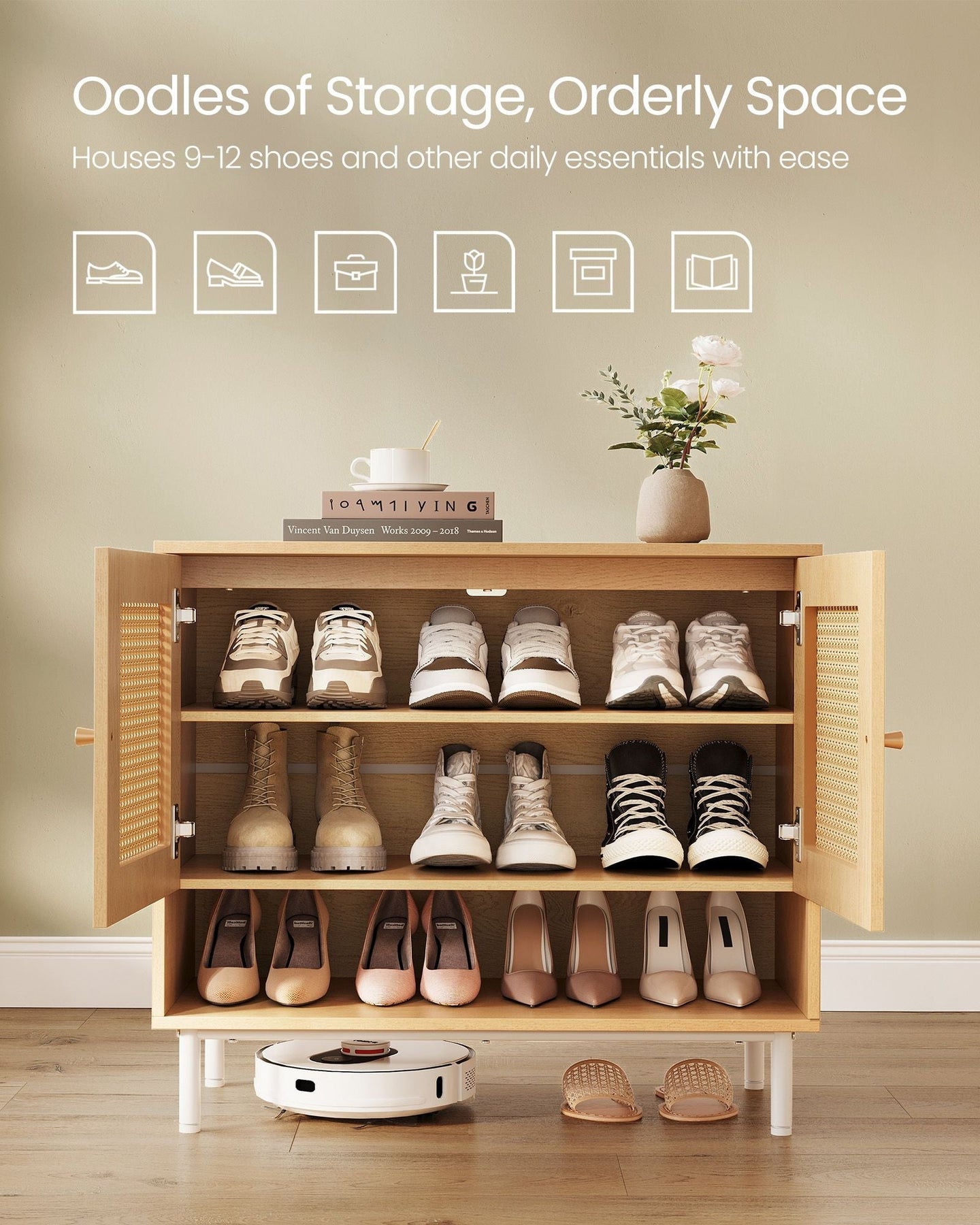 3-Tier Shoe Cabinet - Wood - Oak Beige - Boho Style