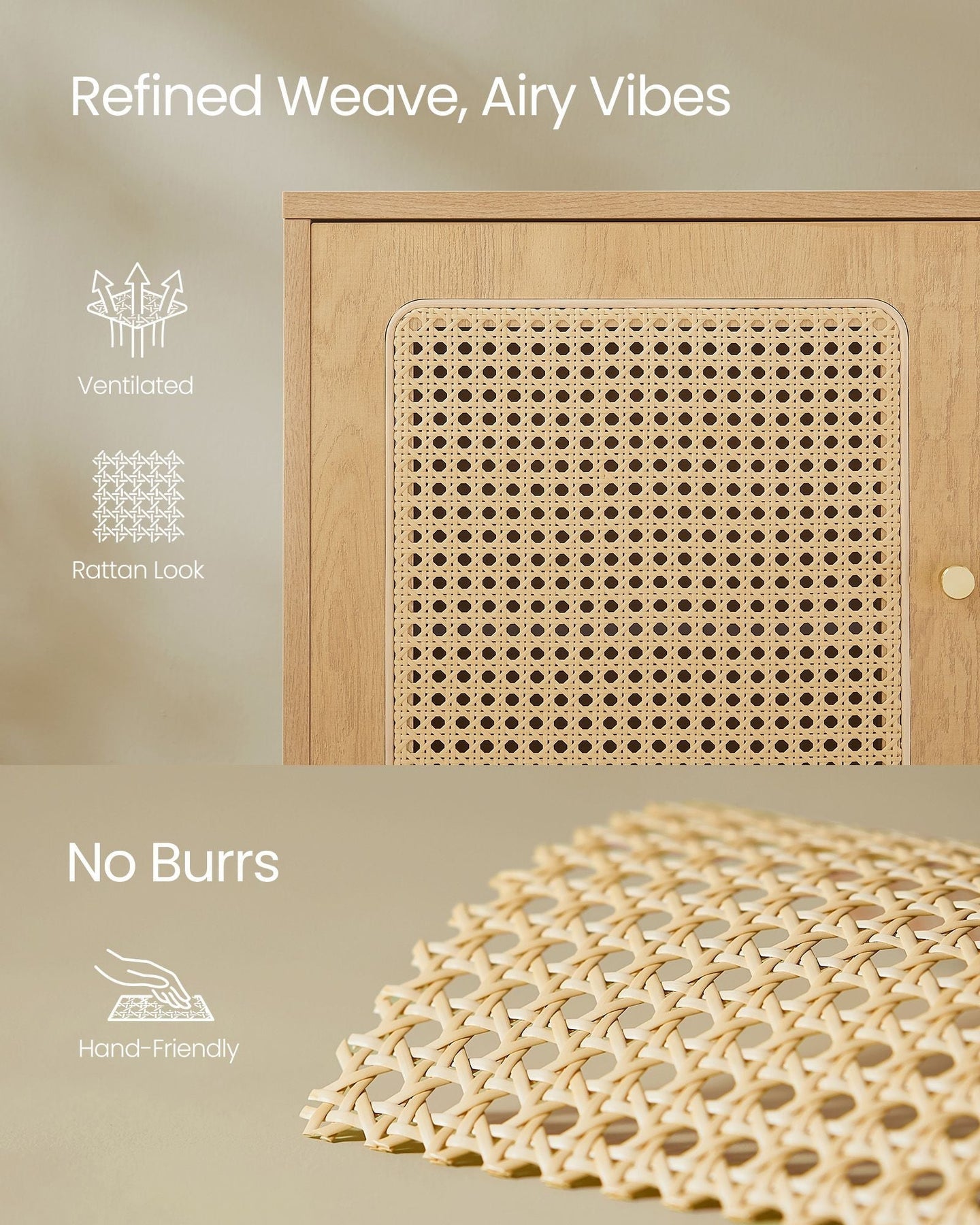 Shoe Cabinet - Engineered Wood - Oak Beige - 120 cm Wide with Rattan-Style Doors