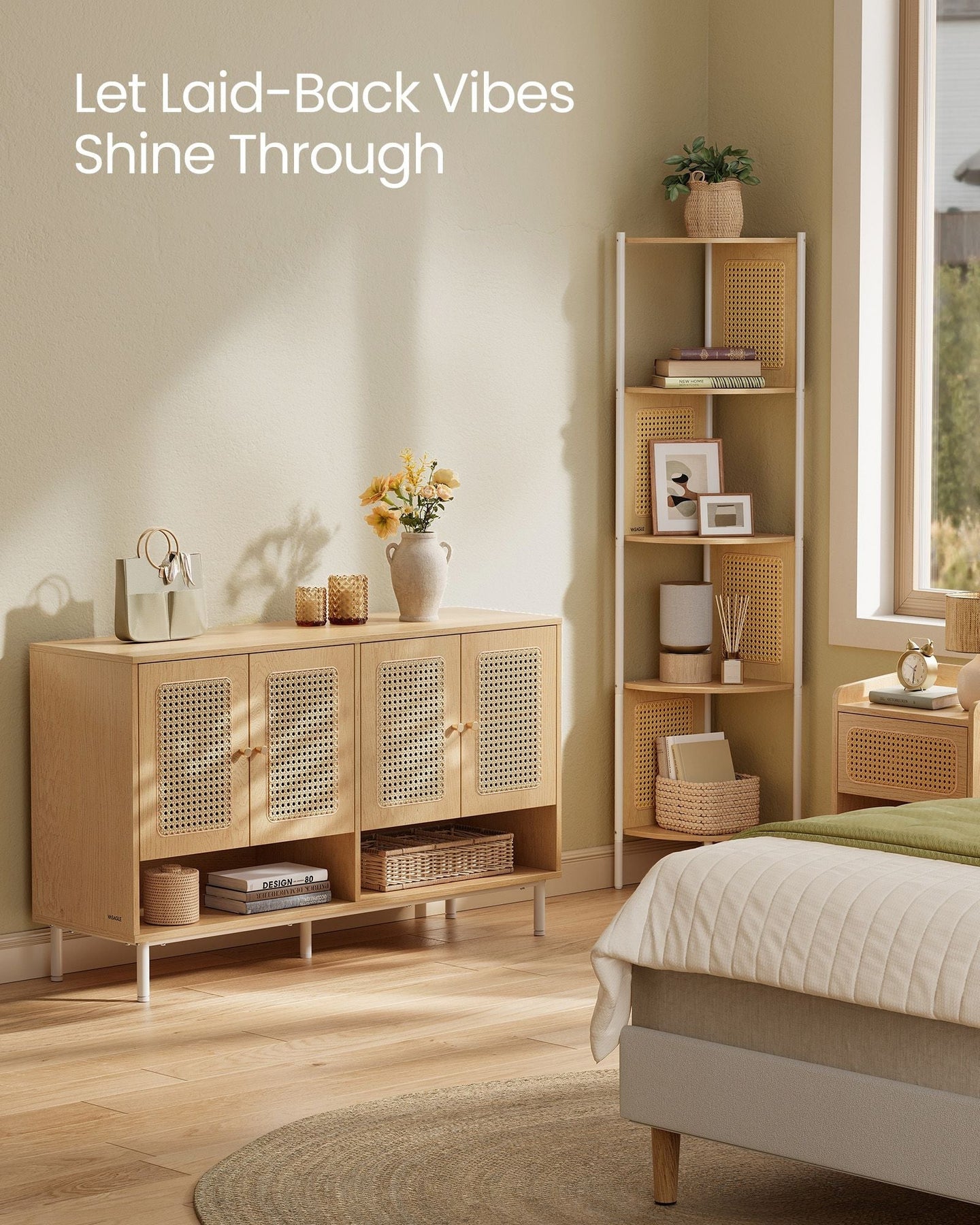 Shoe Cabinet - Engineered Wood - Oak Beige - 120 cm Wide with Rattan-Style Doors