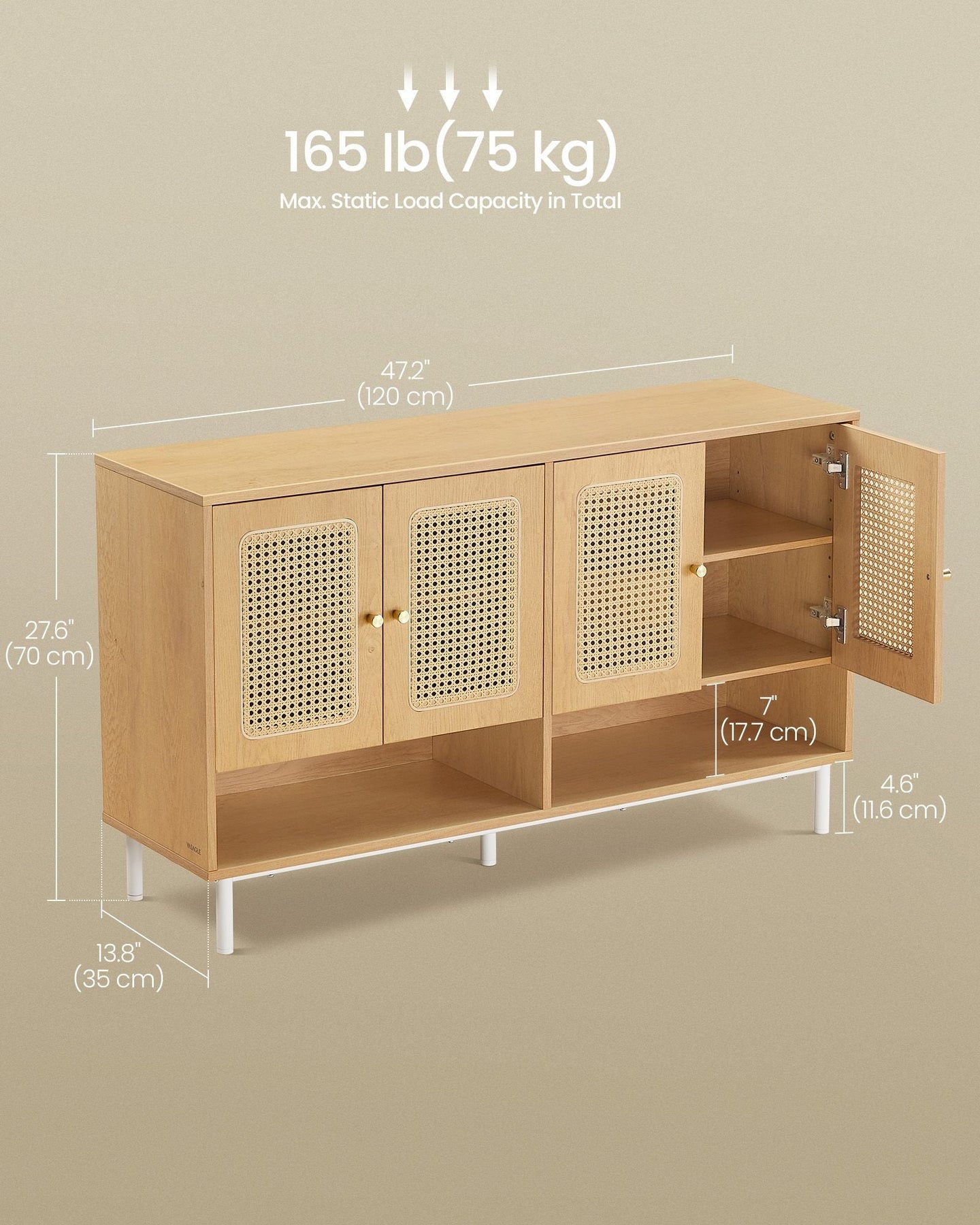 Shoe Cabinet - Engineered Wood - Oak Beige - 120 cm Wide with Rattan-Style Doors