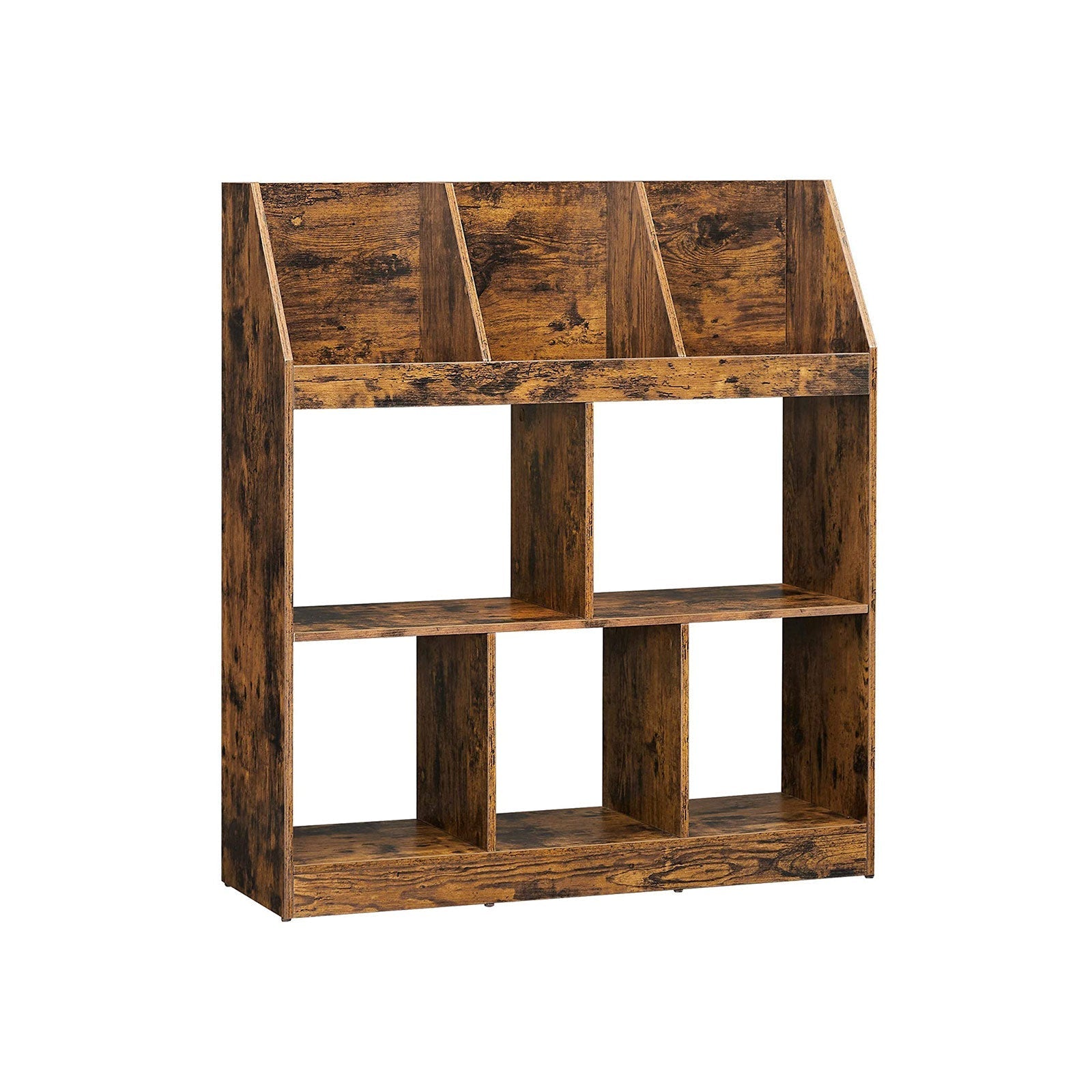 Wooden Bookcase - Rustic Brown - 5 Cubbyholes and 3 Book Organisers