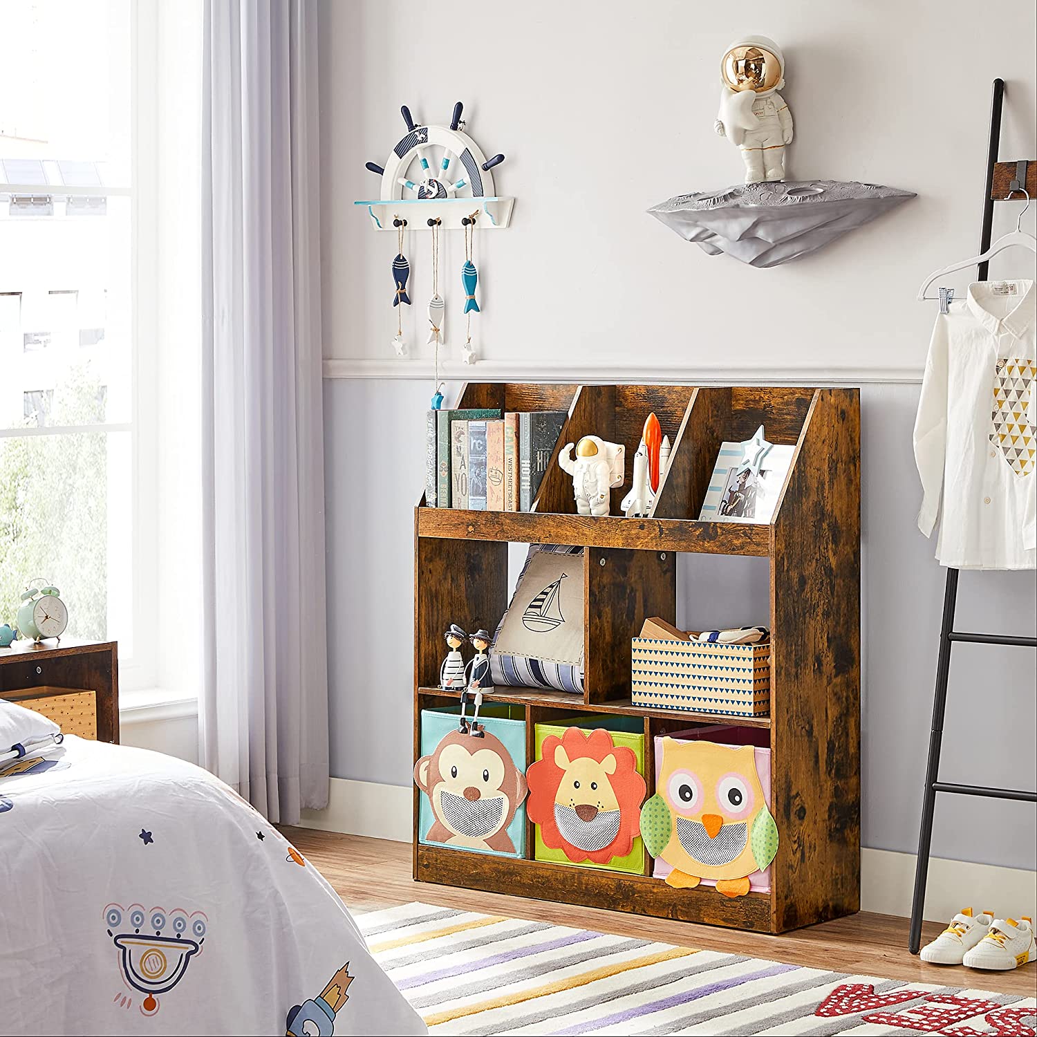 Wooden Bookcase - Rustic Brown - 5 Cubbyholes and 3 Book Organisers