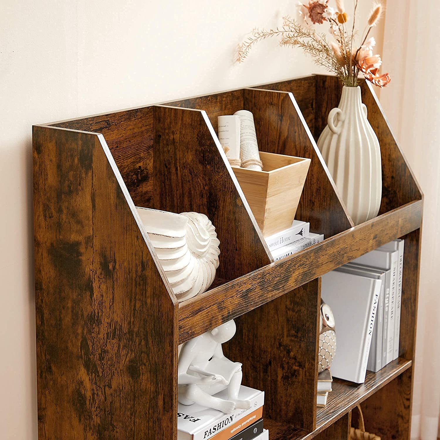 Wooden Bookcase - Rustic Brown - 5 Cubbyholes and 3 Book Organisers