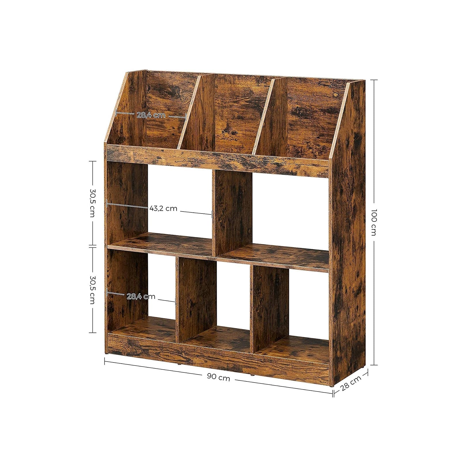 Wooden Bookcase - Rustic Brown - 5 Cubbyholes and 3 Book Organisers