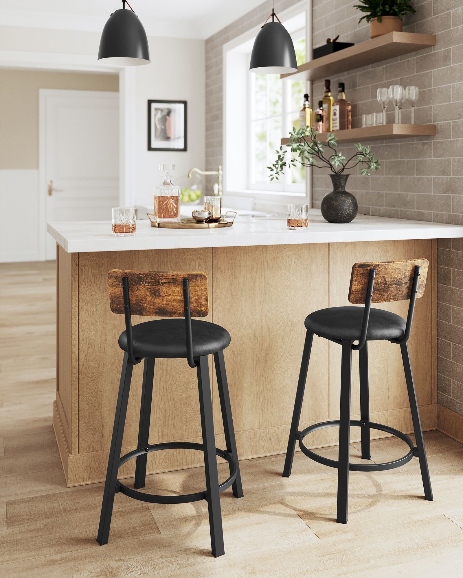 Set of 2 Bar Stools - PU Upholstered - Rustic Brown and Black - 75.4 cm Tall with Footrest