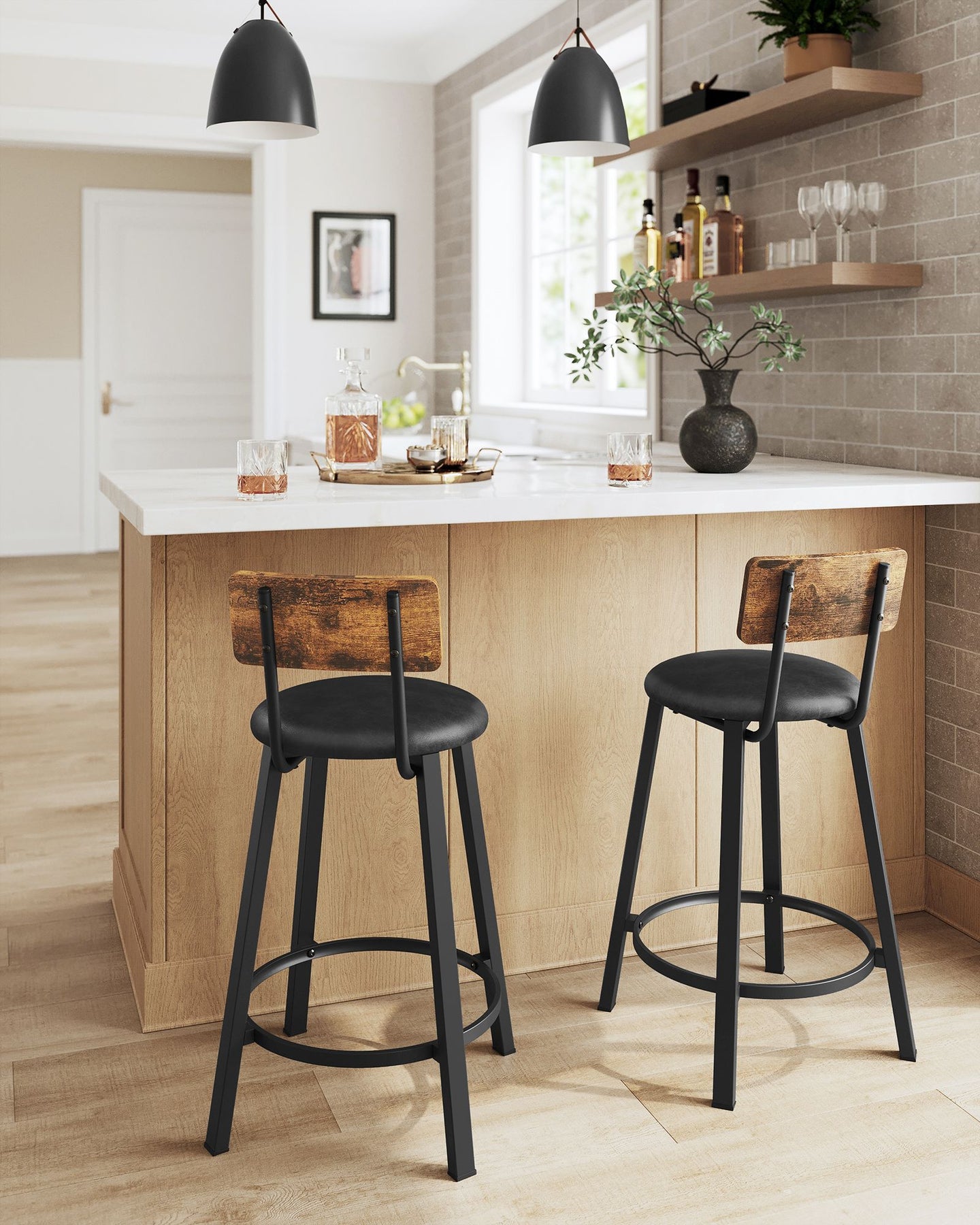 Set of 2 Bar Stools - PU Upholstered - Rustic Brown and Black - 75.4 cm Tall with Footrest