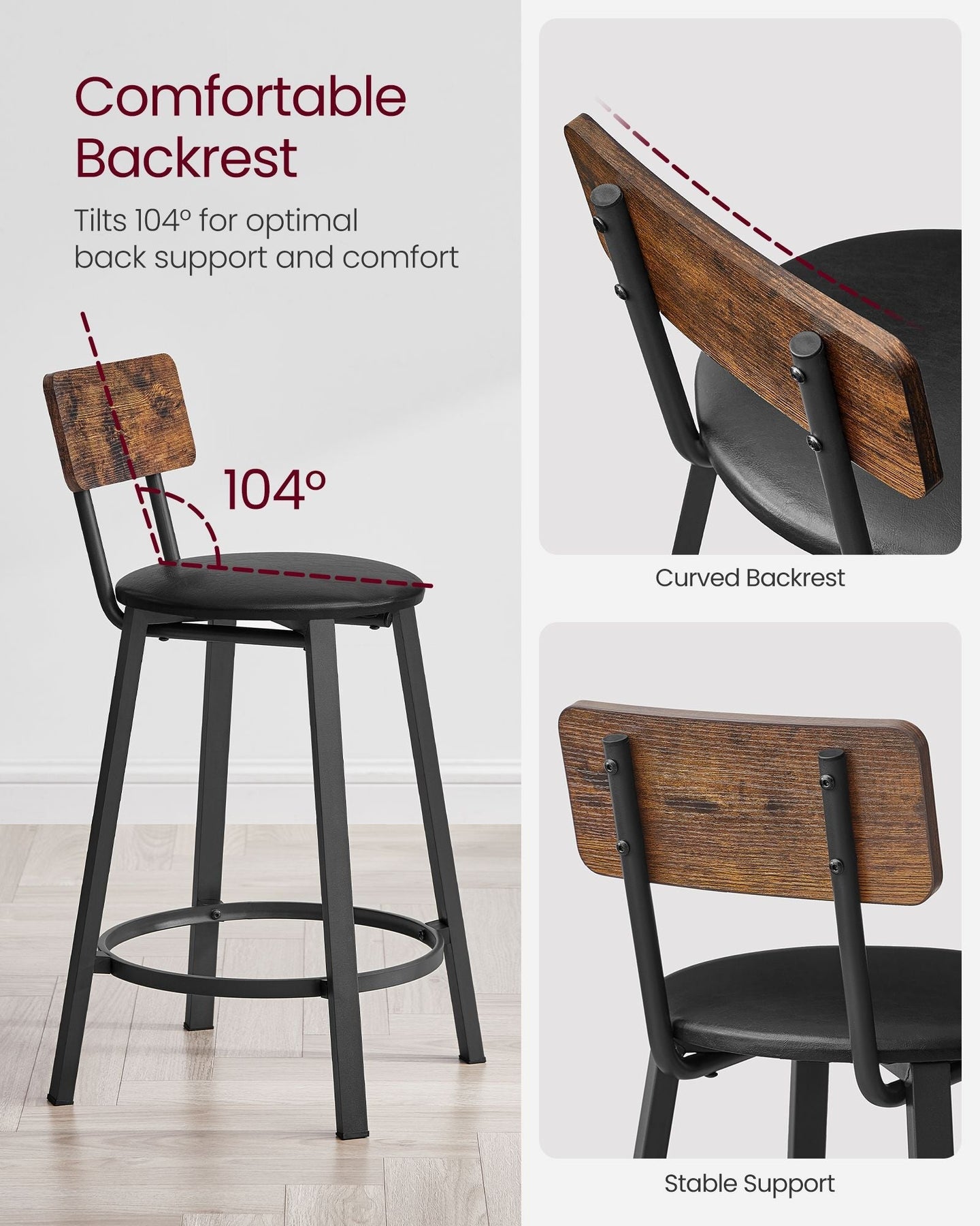 Set of 2 Bar Stools - PU Upholstered - Rustic Brown and Black - 75.4 cm Tall with Footrest