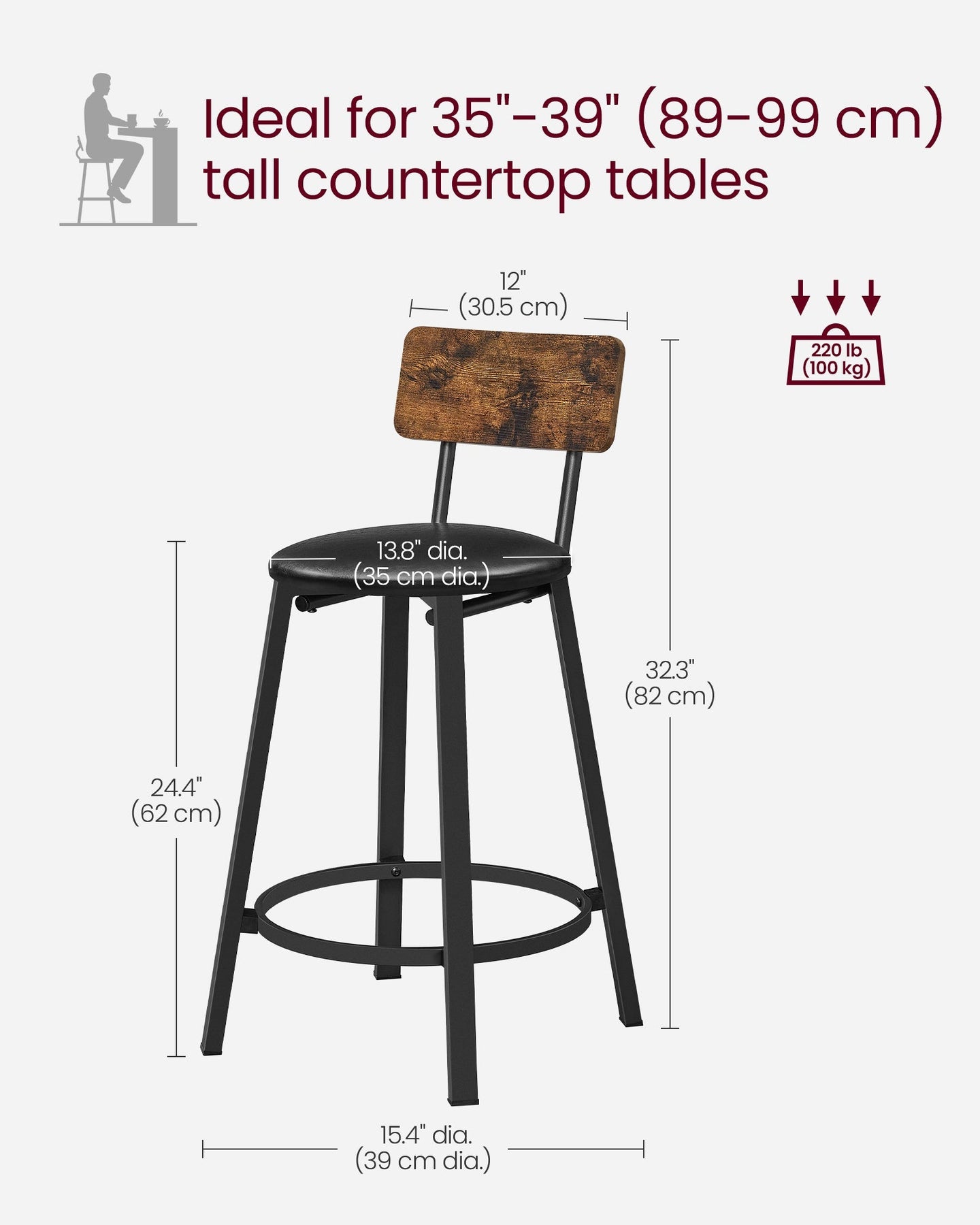 Set of 2 Bar Stools - PU Upholstered - Rustic Brown and Black - 75.4 cm Tall with Footrest