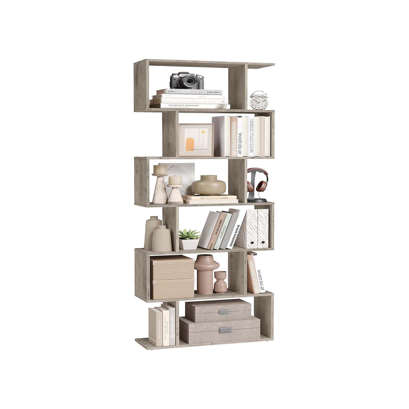 Wooden Bookcase - 6-Tier Design - Greige - Freestanding Room Divider