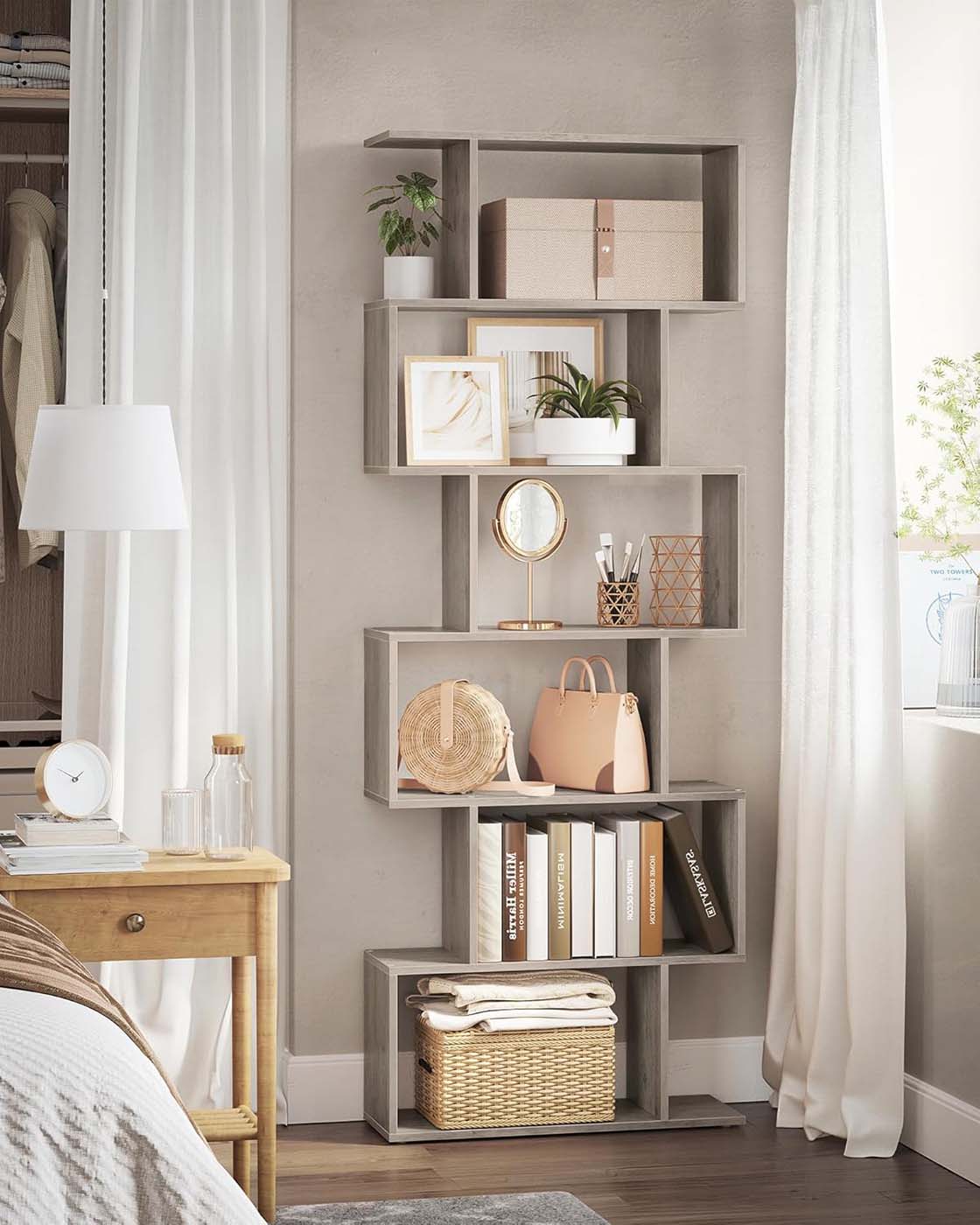 Wooden Bookcase - 6-Tier Design - Greige - Freestanding Room Divider