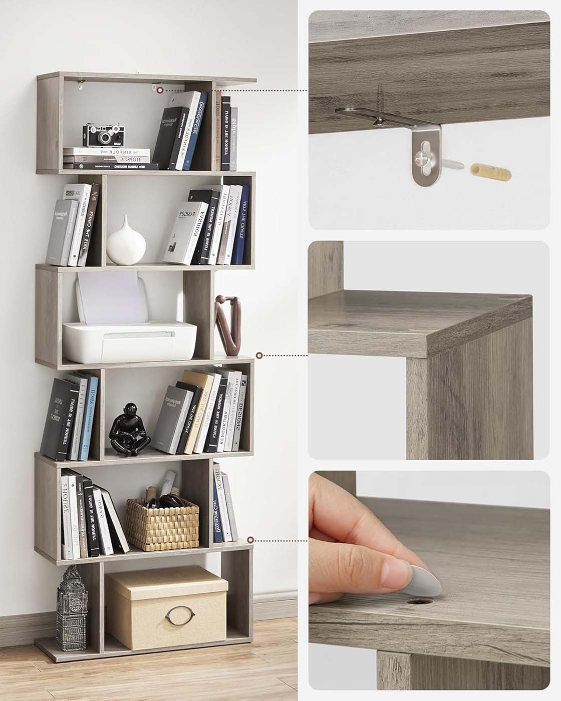 Wooden Bookcase - 6-Tier Design - Greige - Freestanding Room Divider