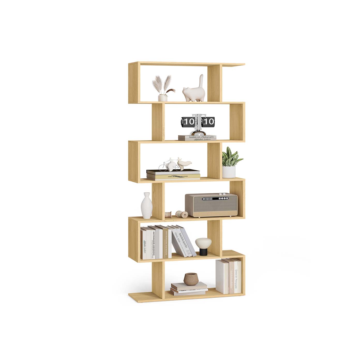6-Tier Freestanding Cube Display Shelf - Wood - Natural Oak - Multi-Functional Room Divider