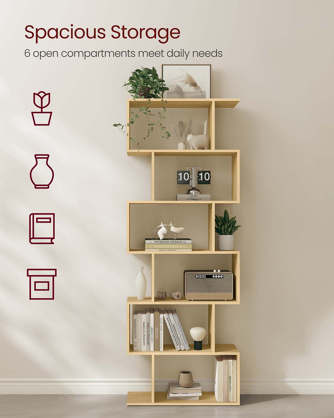 6-Tier Freestanding Cube Display Shelf - Wood - Natural Oak - Multi-Functional Room Divider