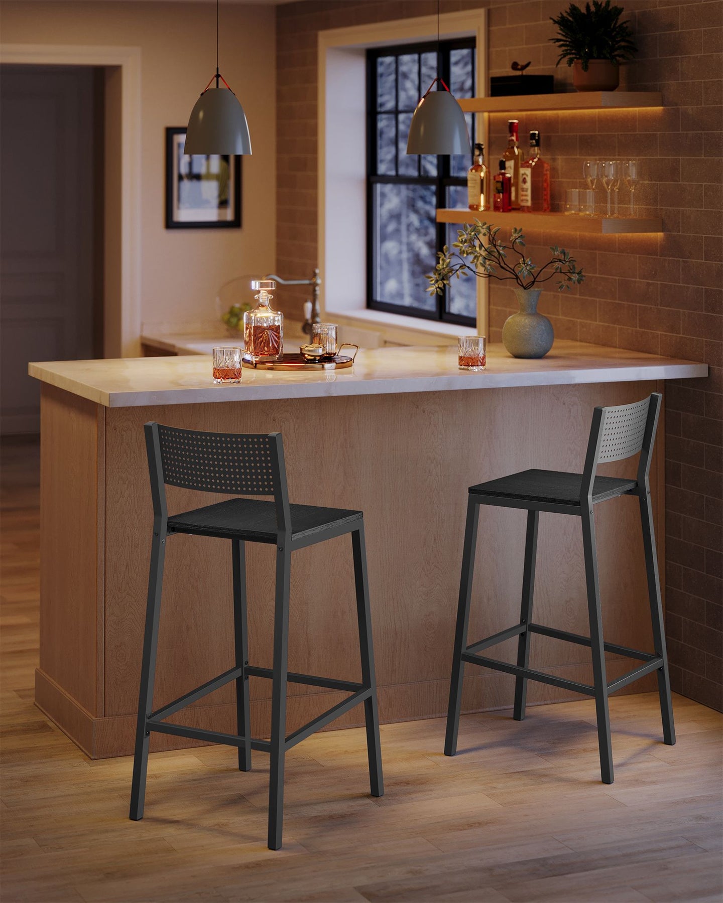 Set of 2 Kitchen Bar Stools - Metal - Charcoal Gray and Black