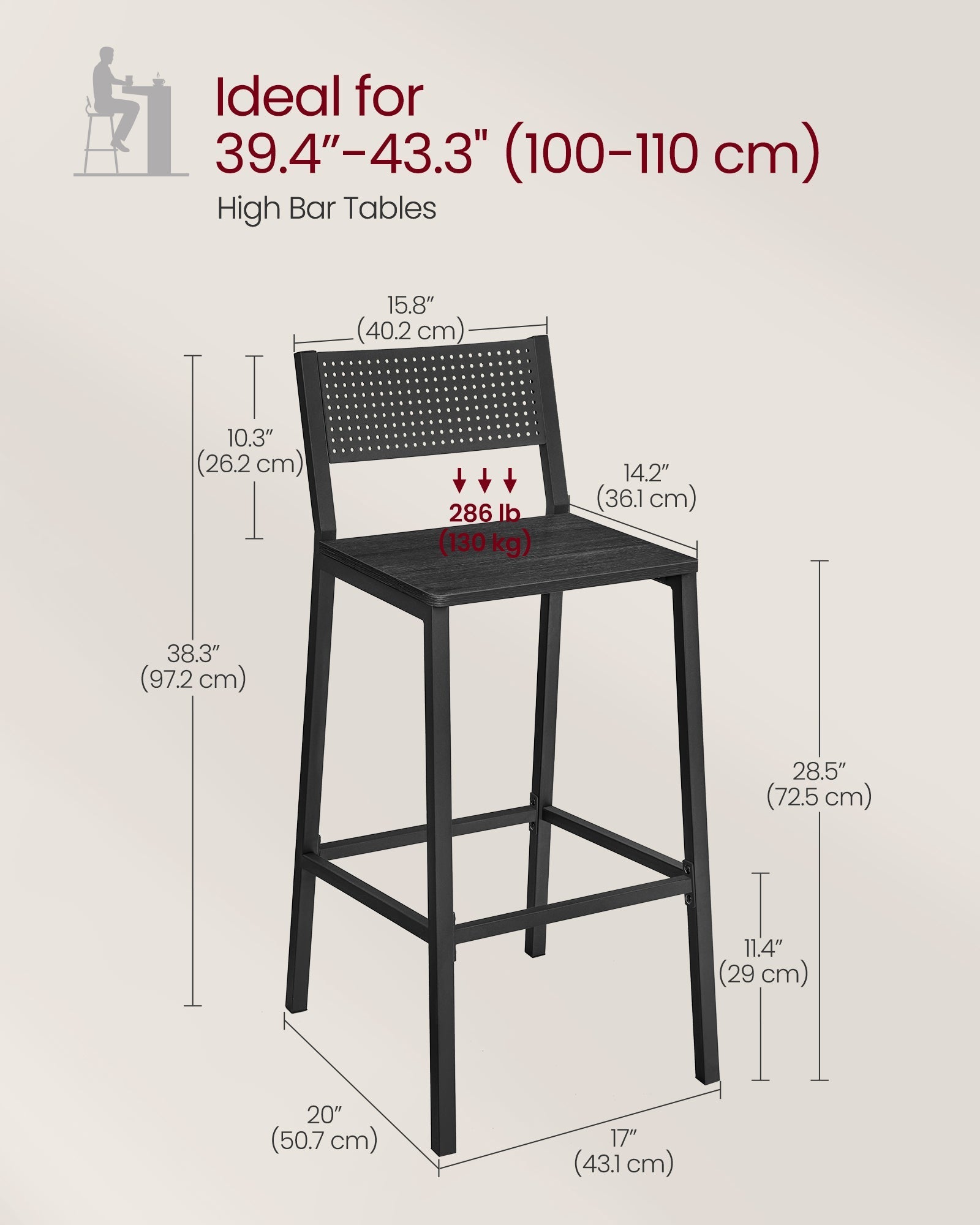 Set of 2 Kitchen Bar Stools - Metal - Charcoal Gray and Black