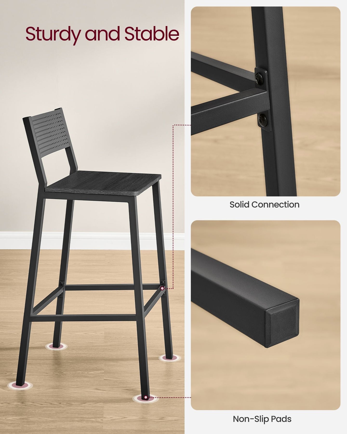Set of 2 Kitchen Bar Stools - Metal - Charcoal Gray and Black