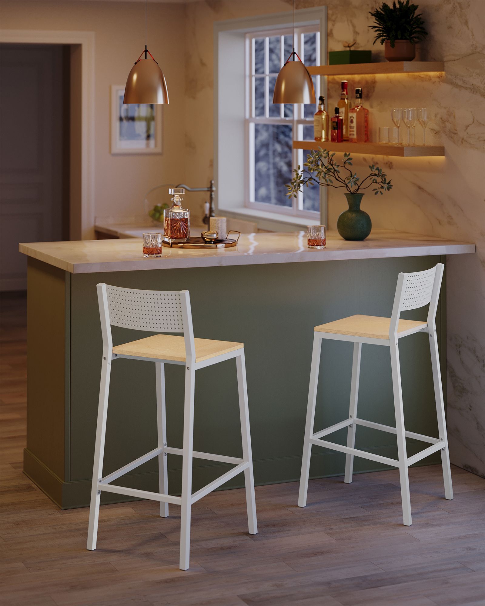 Set of 2 Kitchen Bar Stools - Oak - Beige and White
