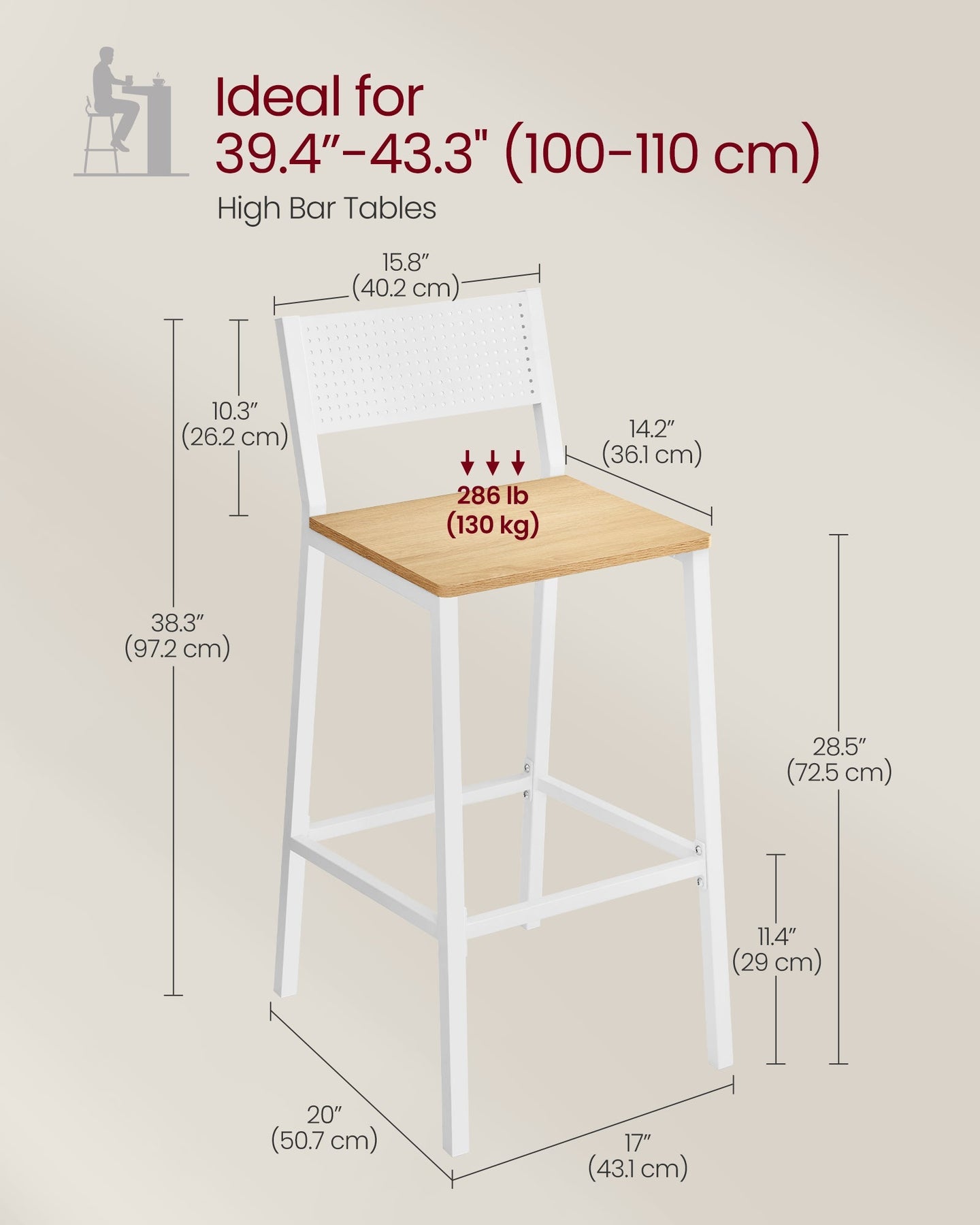 Set of 2 Kitchen Bar Stools - Oak - Beige and White