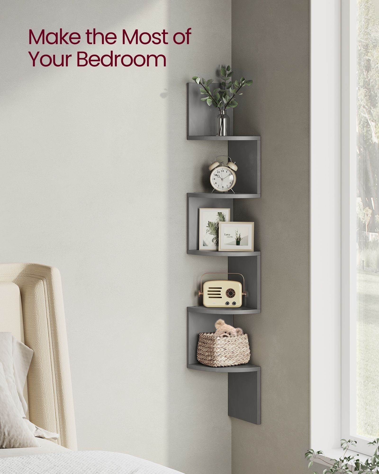 5-Tier Wall-Mounted Corner Shelf - Wood - Dove Grey - Versatile Display for Living Room