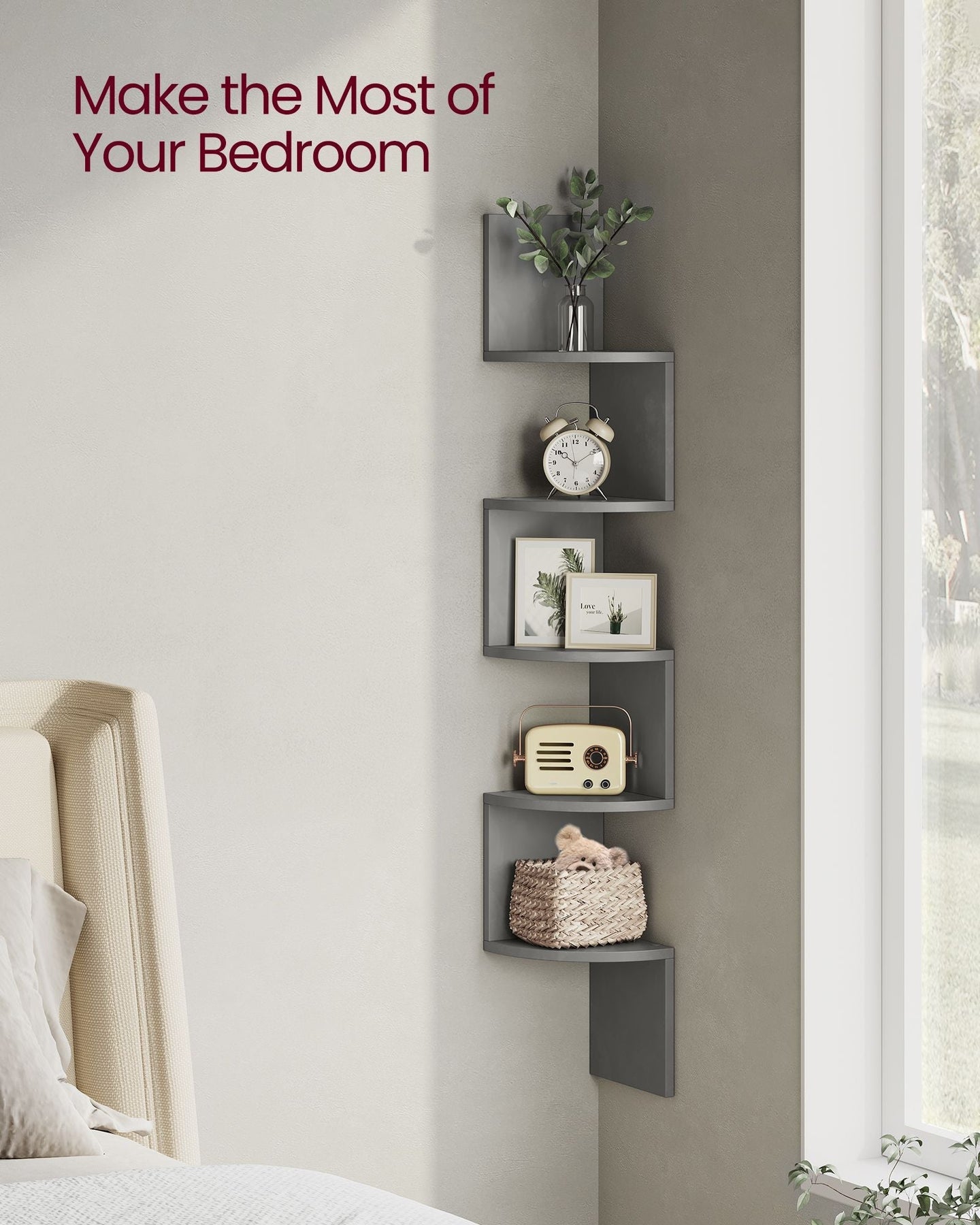 5-Tier Wall-Mounted Corner Shelf - Wood - Dove Grey - Versatile Display for Living Room