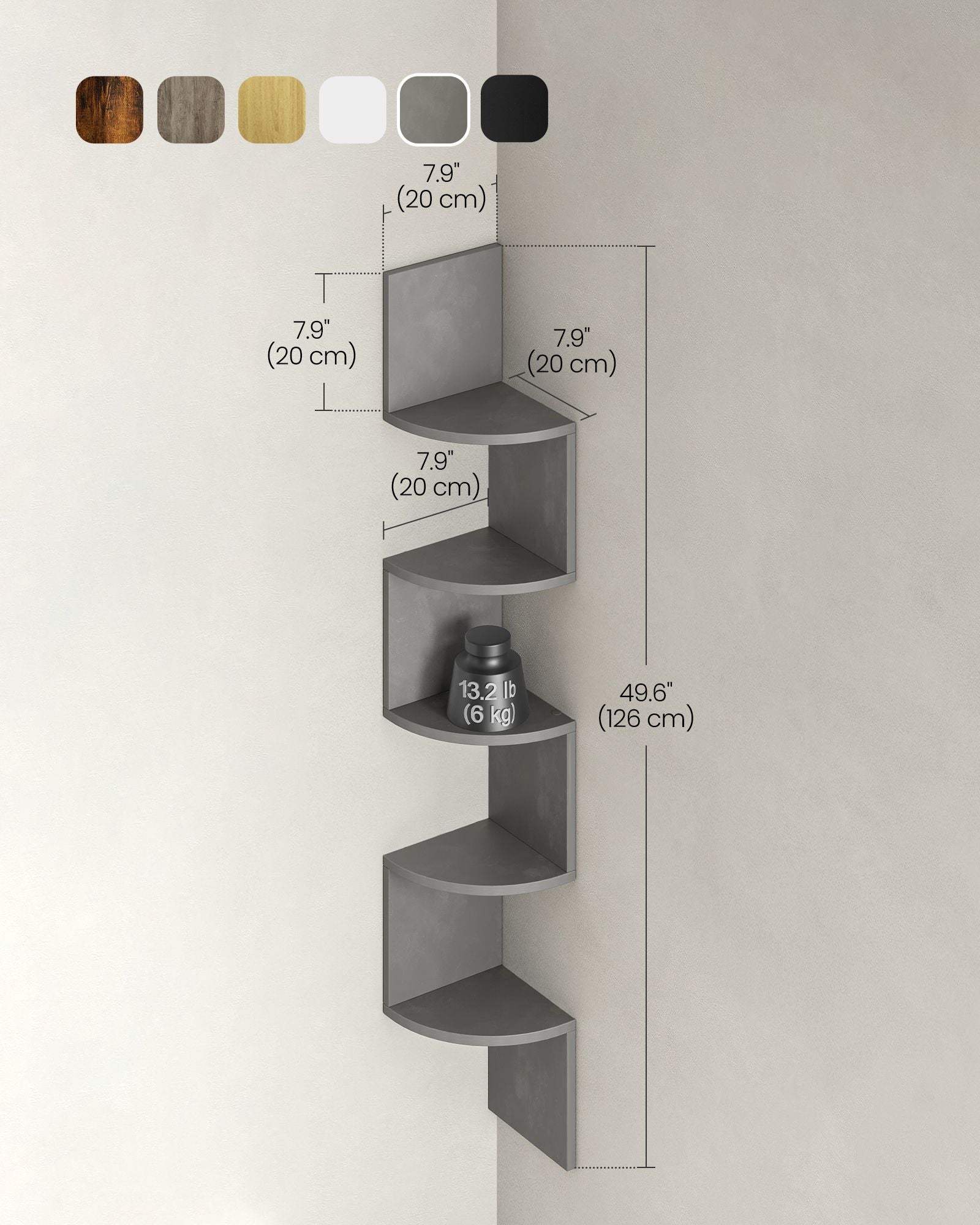 5-Tier Wall-Mounted Corner Shelf - Wood - Dove Grey - Versatile Display for Living Room