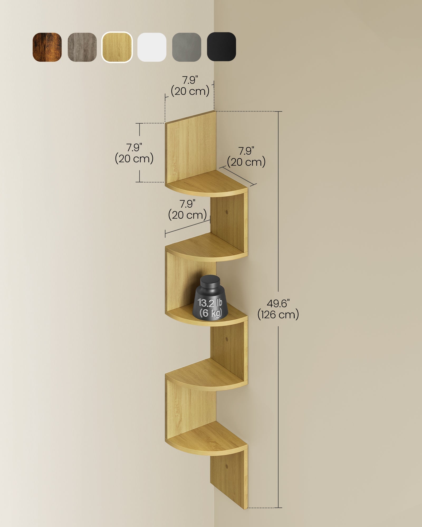 5-Tier Wall-Mounted Corner Shelf - Natural Oak - Ideal for Displaying Plants and Decorations