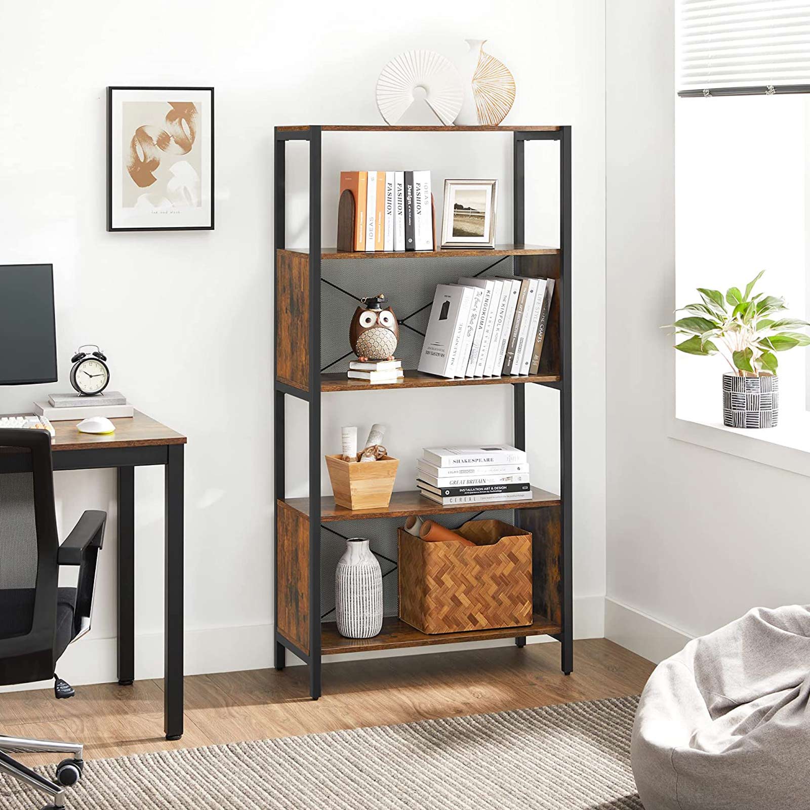 Bookcase - 5-Tier with Mesh Backs - Wood - Rustic Brown and Black