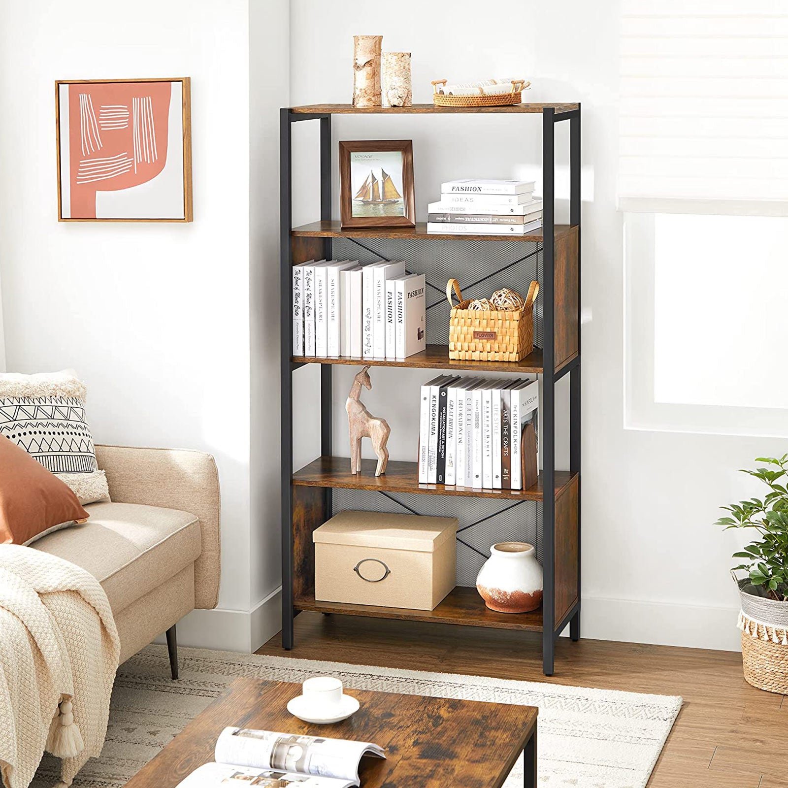 Bookcase - 5-Tier with Mesh Backs - Wood - Rustic Brown and Black