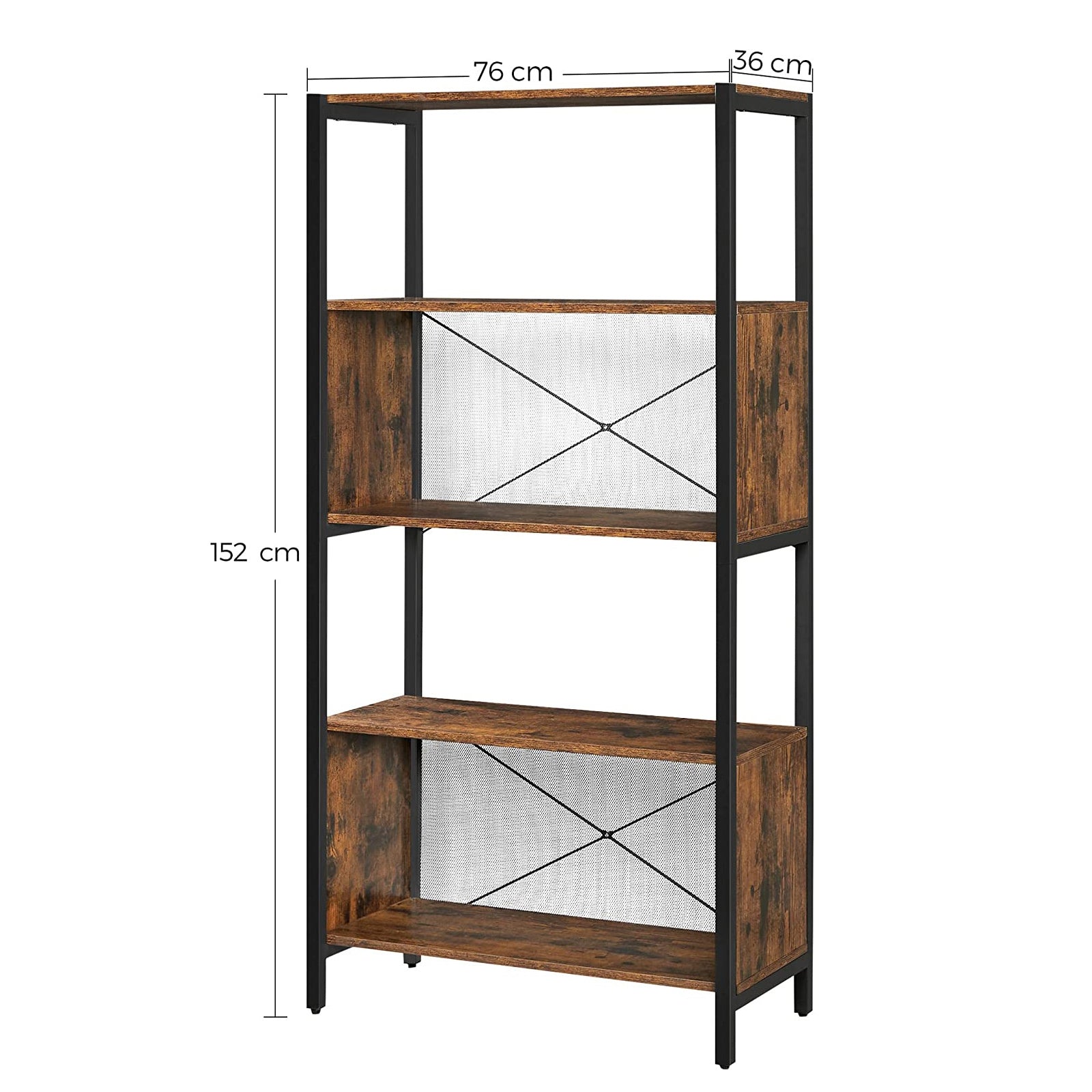 Bookcase - 5-Tier with Mesh Backs - Wood - Rustic Brown and Black