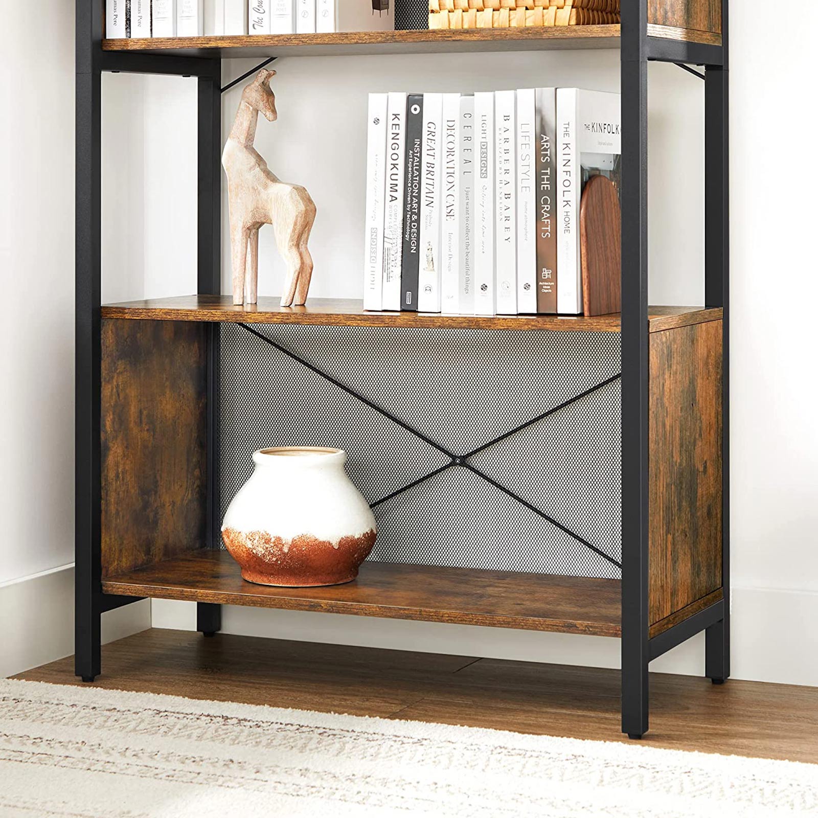 Bookcase - 5-Tier with Mesh Backs - Wood - Rustic Brown and Black