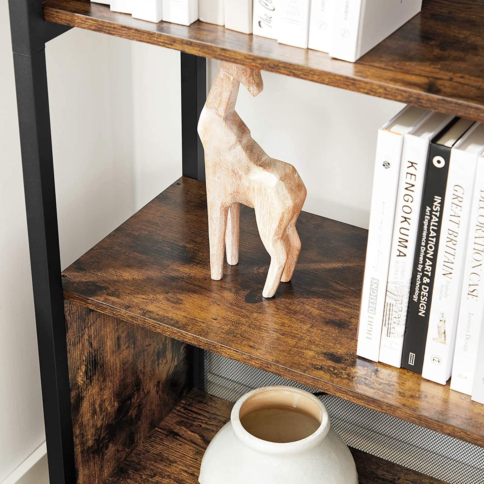 Bookcase - 5-Tier with Mesh Backs - Wood - Rustic Brown and Black