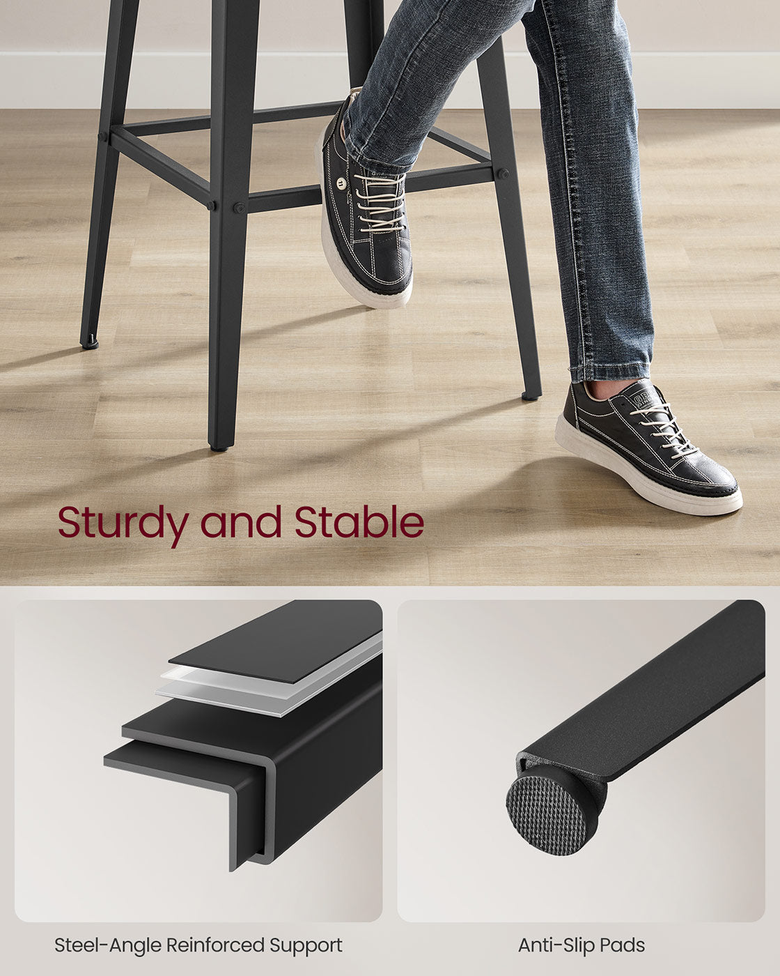 Bar Stool Set of 2 - Steel Frame - Ash Black and Ink Black