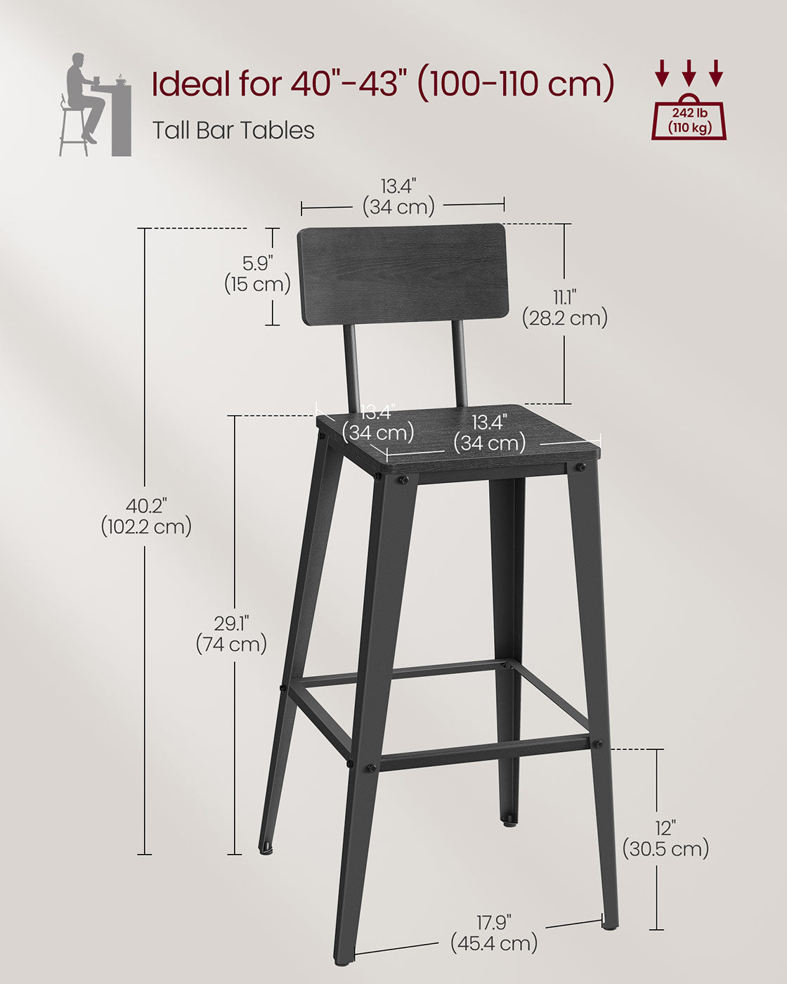 Bar Stool Set of 2 - Steel Frame - Ash Black and Ink Black